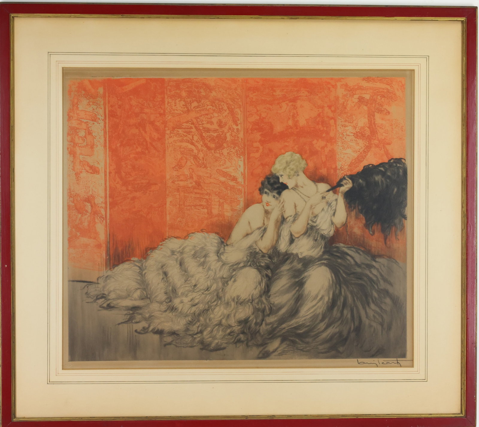 Louis Icart (1888-1950): Engraving, "Moquerie", SLR, artist's windmill blindstamp in the lower left margin. Art deco scene of two women lounging in feathered gowns against a Japanese style screen, one holding a black ostrich