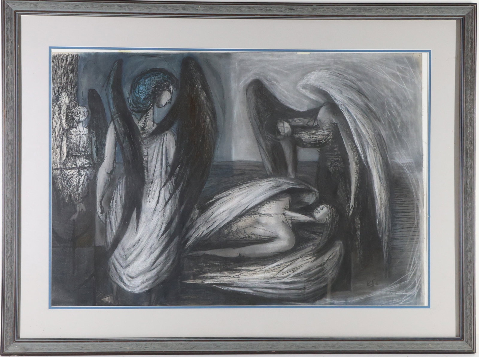 Benton Spruance (1904-1967): Mixed media on linen canvas, IDLR '61. Expressionist composition with winged angelic figures surrounding what appears to be a fallen angel. 19.5"h x 29"w sight and 27.25"h x 36.75"w framed.