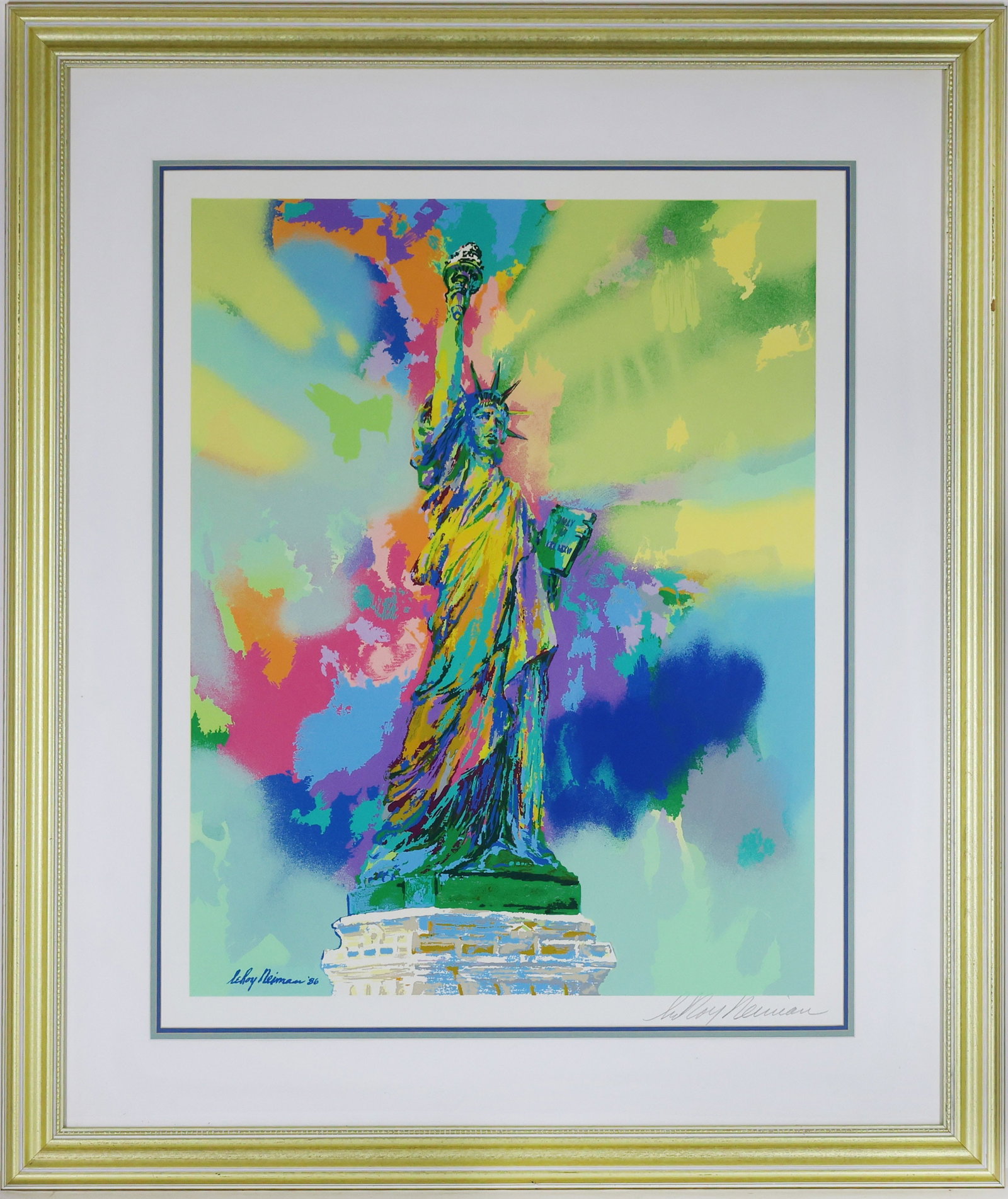 LeRoy Neiman (1921-2012): Color serigraph, "Lady Liberty," 1986, SLR. Pop Art image of the Statue of Liberty against a multicolored abstracted background. 30"h x 24"w sight and 41.75"h x 36"w framed.