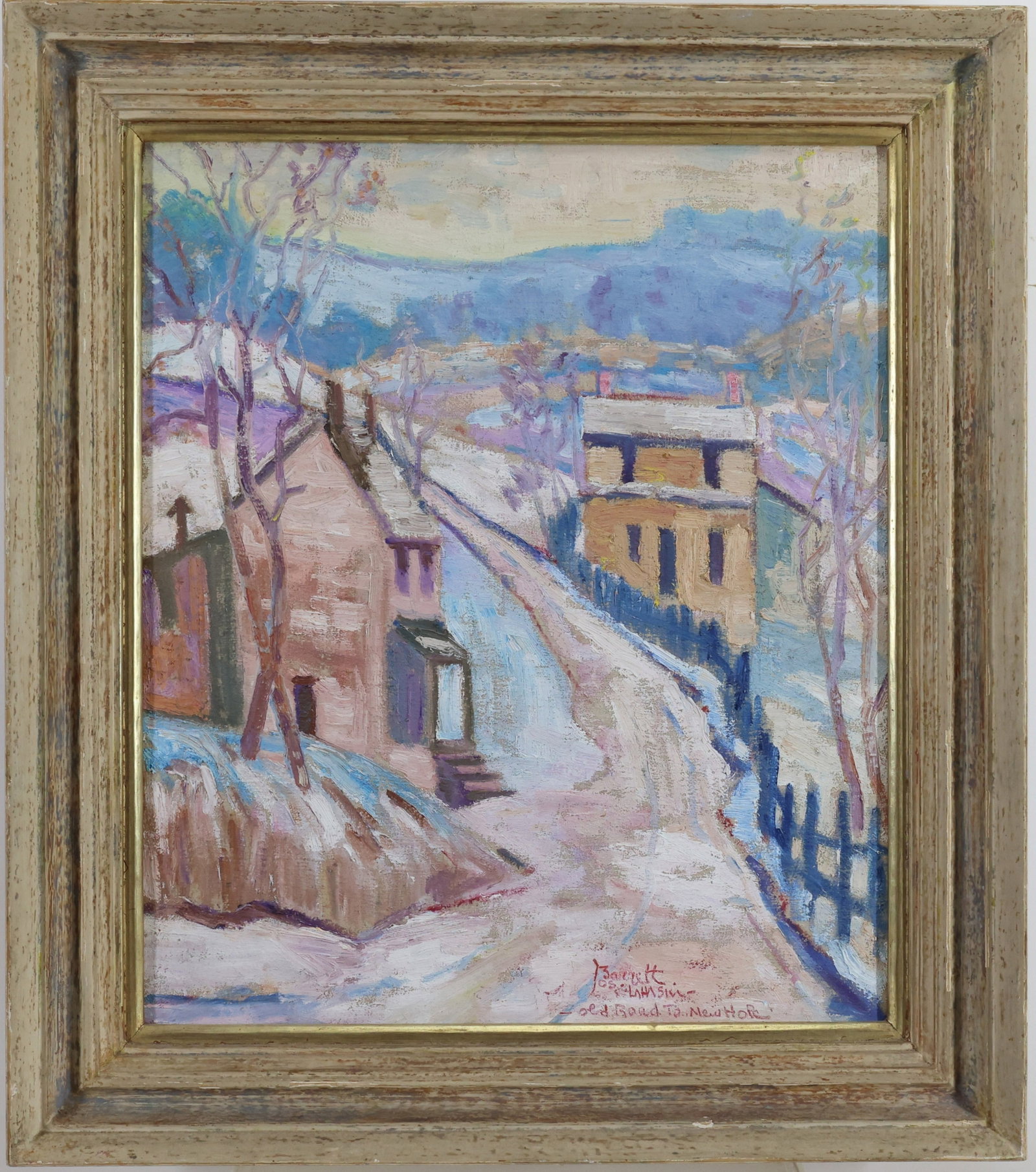 Joseph Barrett (Born 1936): Oil on canvas, "Old Road to New Hope," SLR. Impressionist winter village scene with snow covered houses along a winding road with distant hills. 20"h x 16"w, framed 23.5"h x 20.5"w.