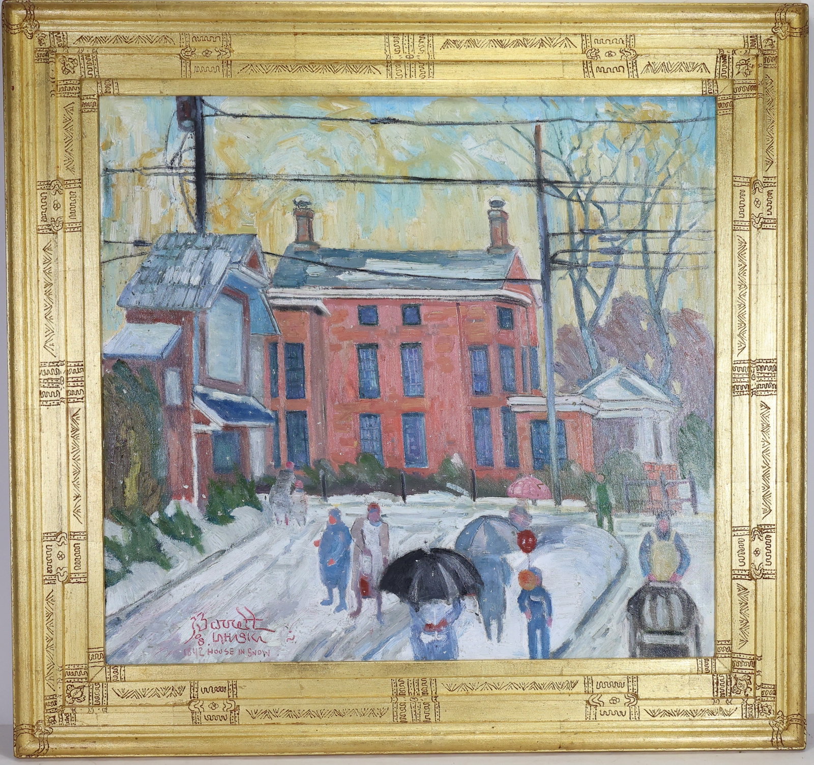 Joseph Barrett (Born 1936): Oil on canvas, "1842 House in Snow," signed lower left. Impressionist winter streetscape with pedestrians walking past the red brick house in a snow covered neighborhood. 24"h x 26"w and 31"h x