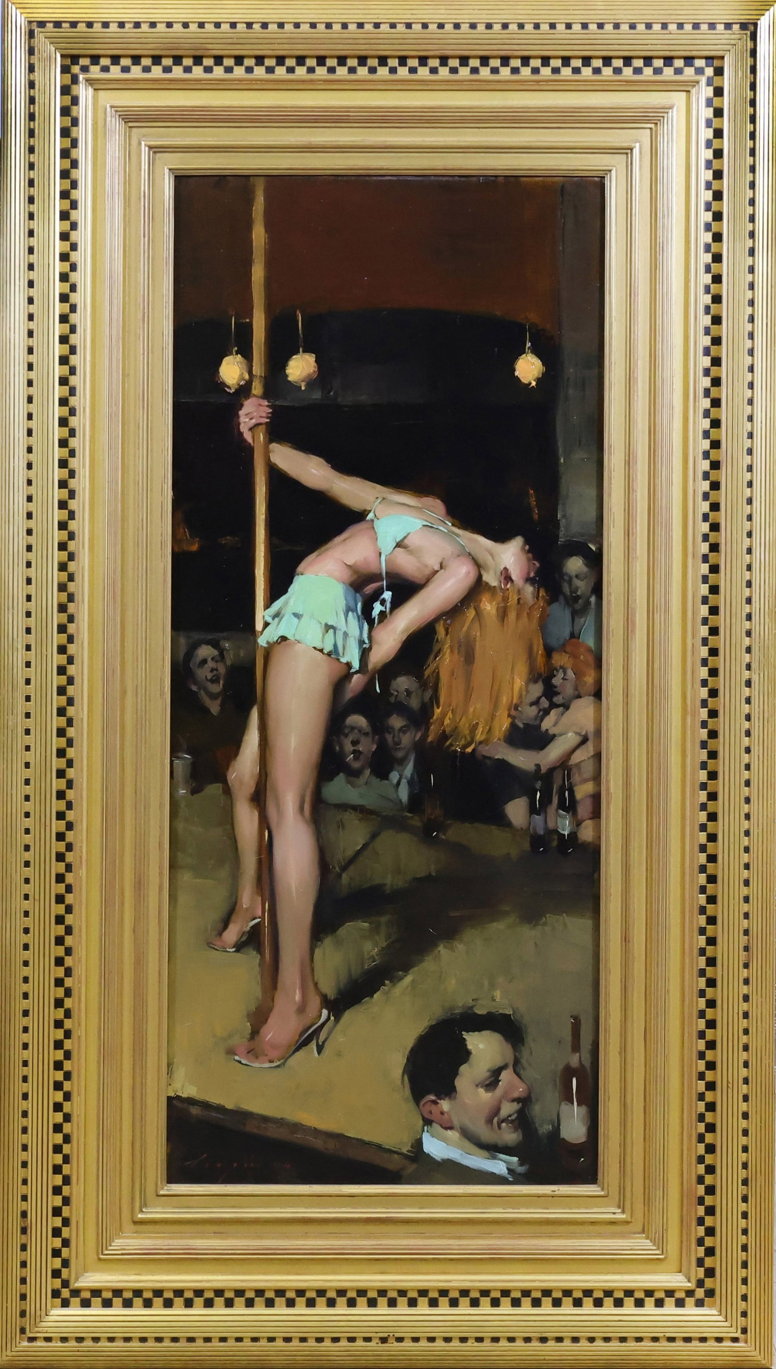 Malcolm Terrance Liepke (Born 1953): Oil on canvas, "Exotic Dancer," SLL. Realist figural composition of a dancer performing before a nightclub audience. 40"h x 18"w and 53.5"h x 31.5"w framed.