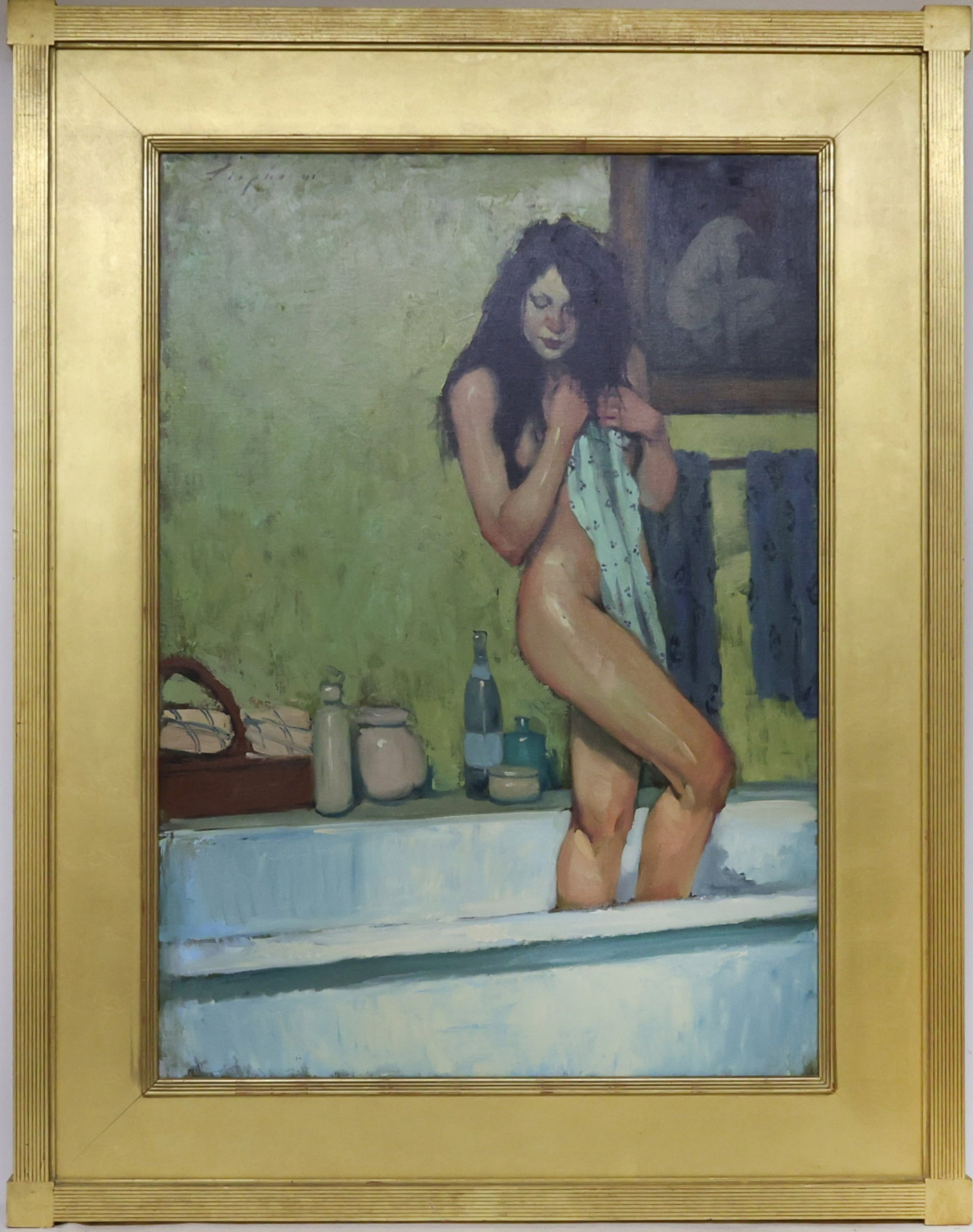 Malcolm Terrance Liepke (Born 1953): Oil on canvas, "After the Bath," SUL. Figural interior with a nude woman standing in a bathtub holding a patterned towel. 40"h x 28"w and 52"h x 40"w framed.