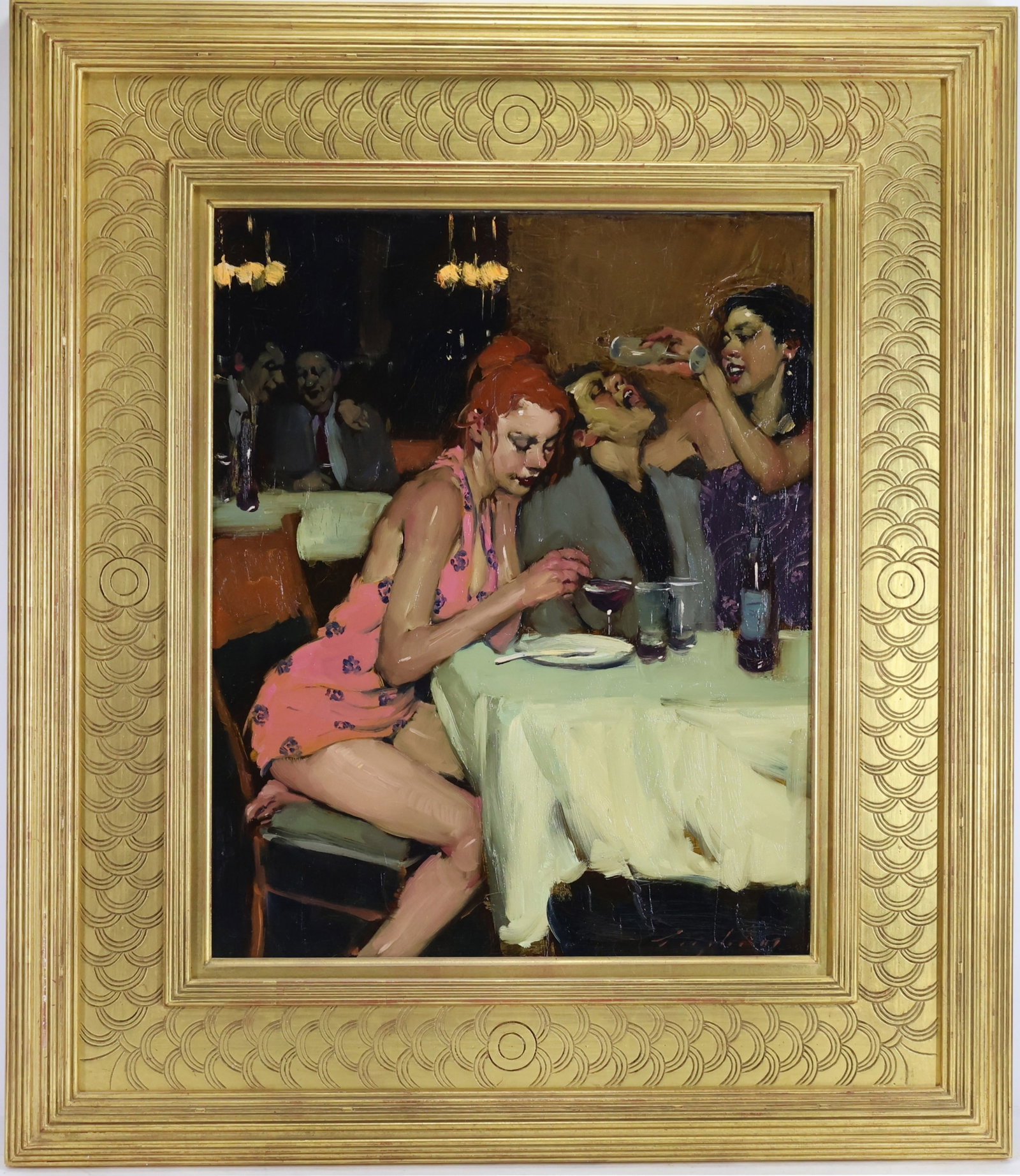 Malcolm Terrance Liepke (b. 1953): Oil on canvas, "Down the Hatch," 2007, SLR. Figural?nightclub interior with two woman seated at a table beside a man with one pouring a drink into his mouth, with other patrons in the background.