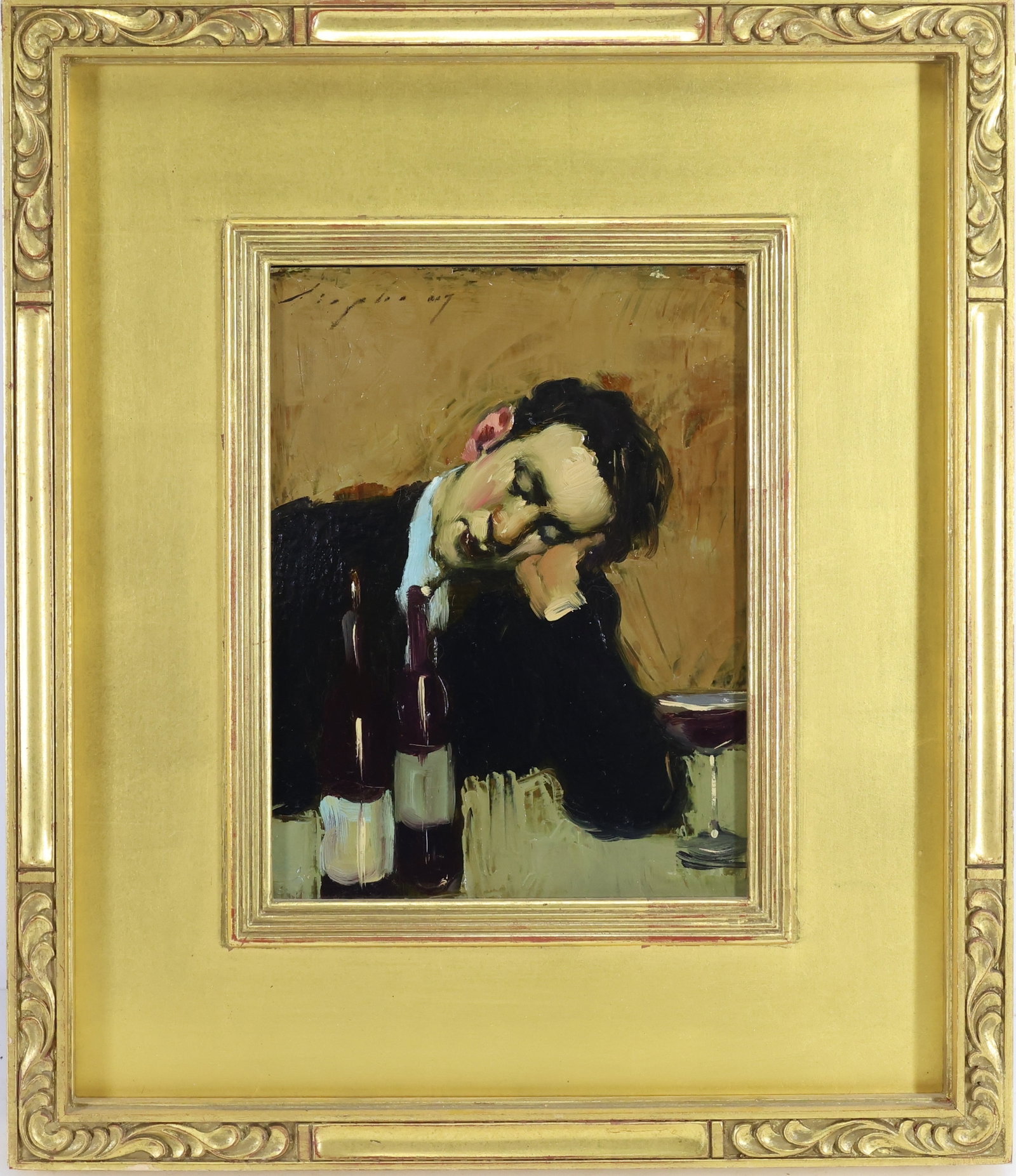 Malcolm Terrance Liepke (b. 1953): Oil on panel, “Closing Time,” 2007. Figural interior with a man resting his head on his hand at a table with wine bottles and a glass. 10.5"h x 8"w and 18"h x 15"w framed.
