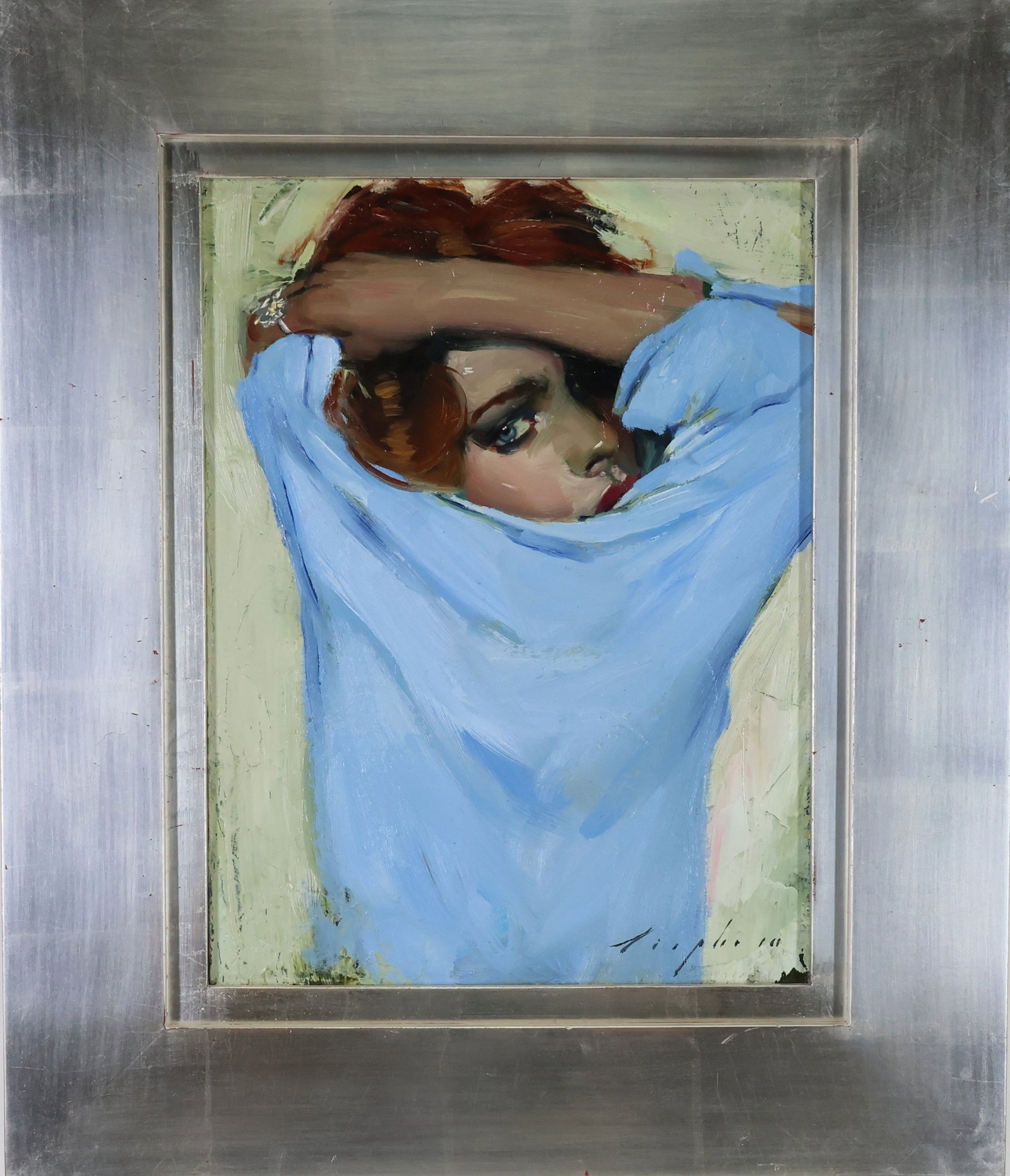 Malcolm Terrance Liepke (b. 1953): Oil on canvas, "The Blue Pullover", SLR. Figurative portrait of a red haired woman removing a light blue garment. 12"h x 9"w and 17.25"h x 14.25"w framed.