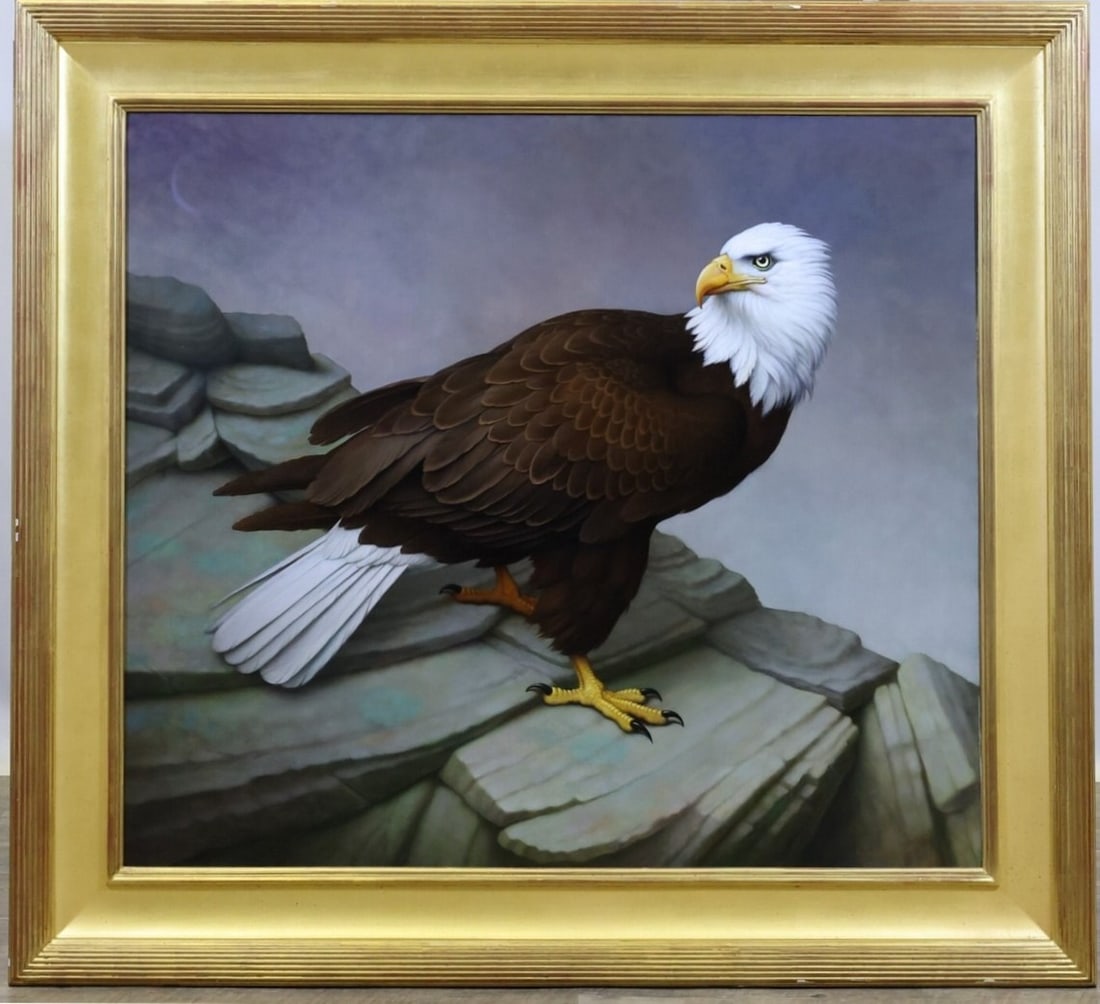 Russell Gordon (Born 1968): Oil on canvas, SLR. Realist portrait of a bald eagle perched on a rocky outcrop. 36"h x 42"w and 46"h x 52"w framed.