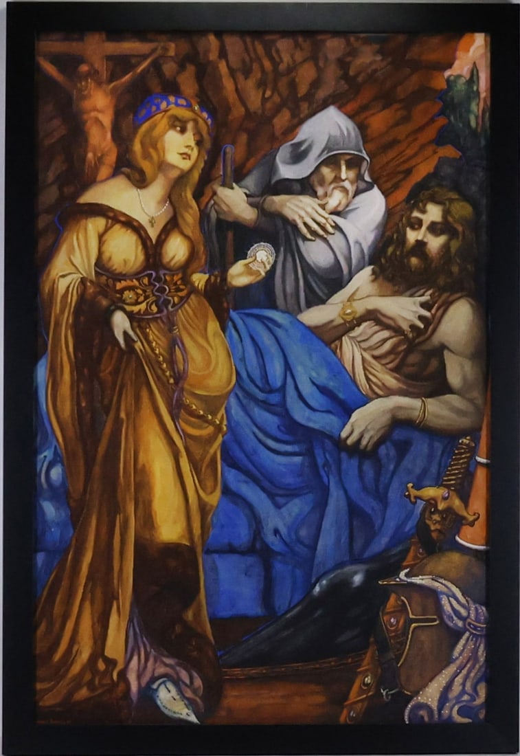 Norman L. Roberts (b. 1896): SLL, Pre-Raphaelite Revival scene with medieval figures and Arthurian imagery, with a crucifix in the background. 40.75"h x 27.75"w framed.