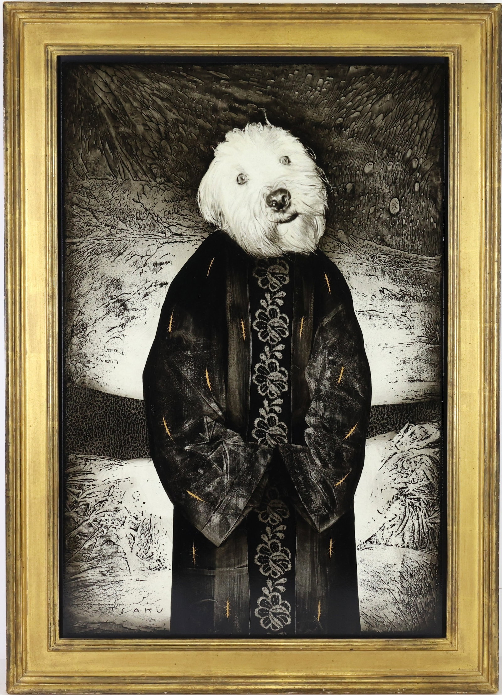 Timur Tsaku (b. 1971): Oil and acrylic on board, "Haiya Kdusha," 2006. Surrealist anthropomorphic portrait of a white dog dressed in a dark, ornately patterned robe. 24"h x 16"w and 29"h x 20.5"w framed.