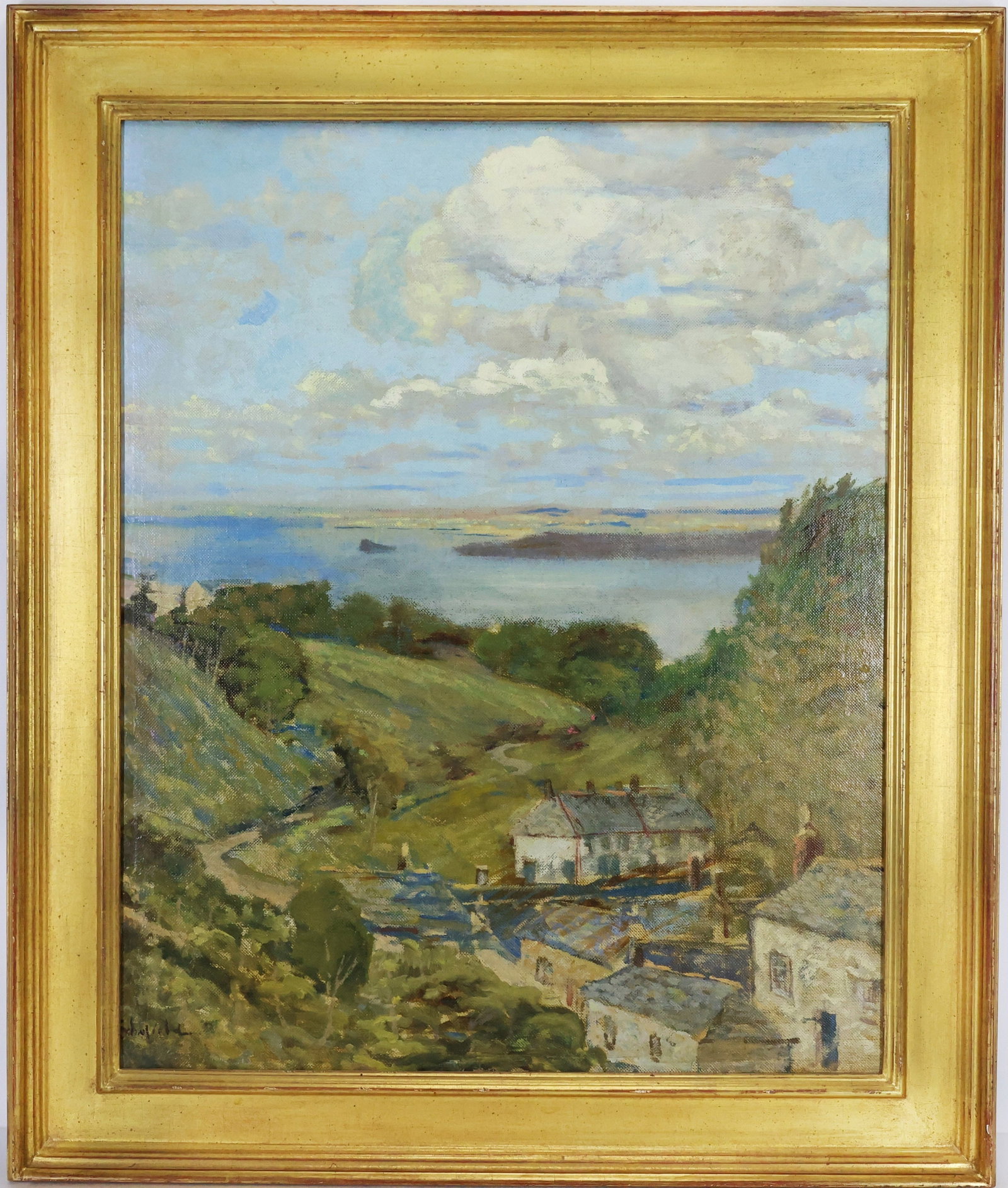 Walter Elmer Schofield (1867 - 1944): Oil on canvas, "Coast – St. Ives," SLL. Impressionist coastal landscape with a hillside village overlooking the water beneath cloud filled skies. 27.5"h x 22.5"w and 33.5"h x 28.5"w framed.