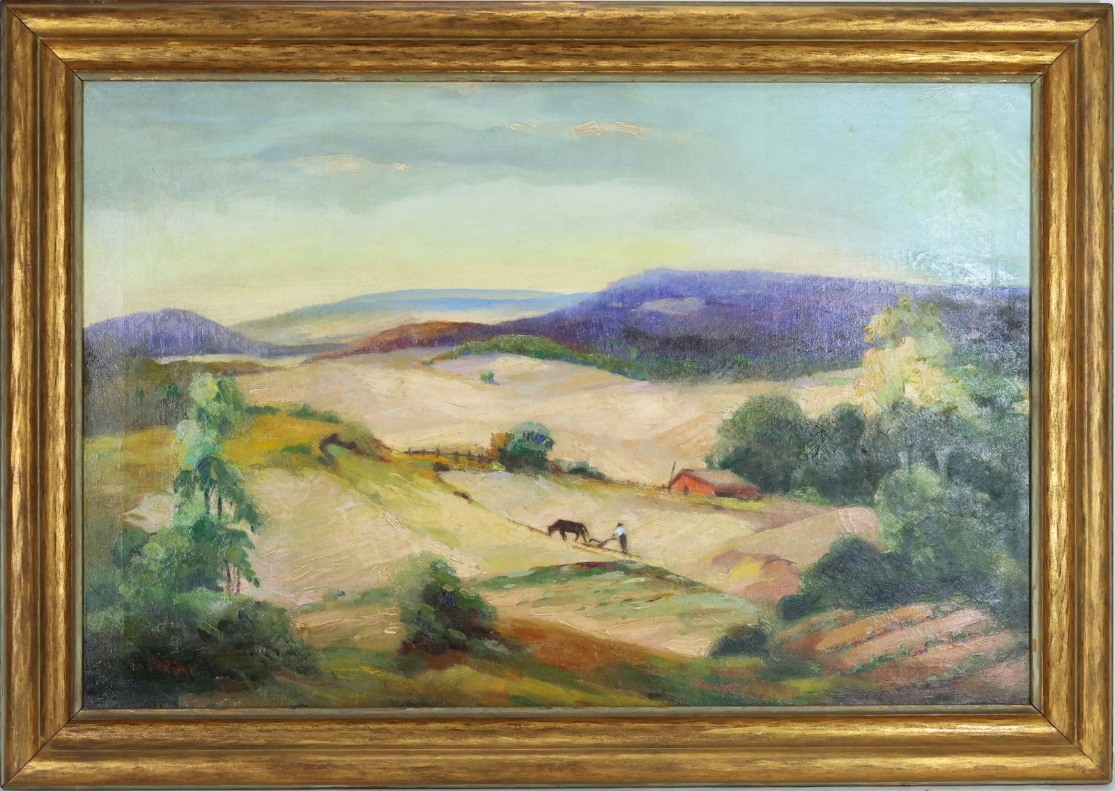 John Fulton Folinsbee (1892 - 1972): Oil on canvas, SLL. Impressionist rural landscape with rolling fields, a farmer leading a horse across farmland, and distant hills. 24"h x 36"w and 29.5"h x 41"w framed.