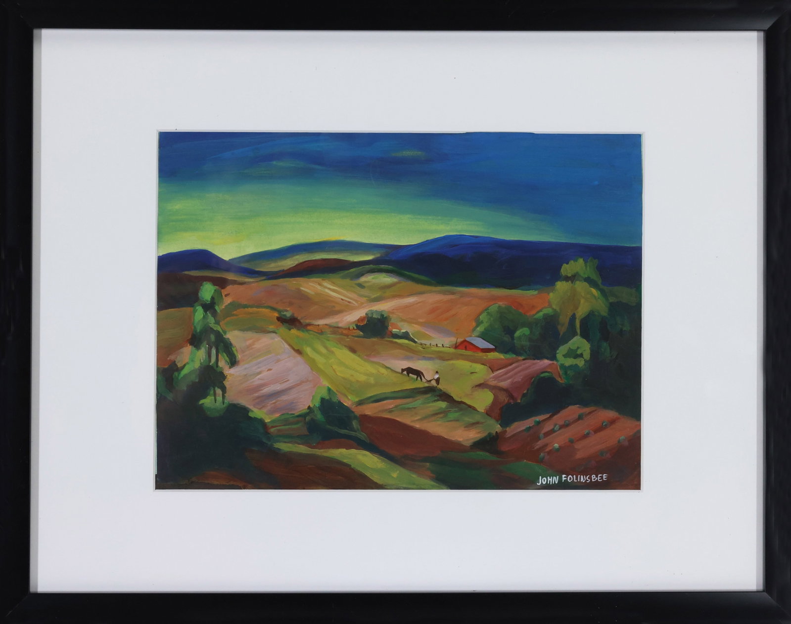 John Fulton Folinsbee (1892 - 1972): Gouache on paper, SLR, landscape with rolling farmland, mountains, trees, farm buildings, and a farmer working the field. 8.75"h x 11.25"w and 15"h x 19"w framed