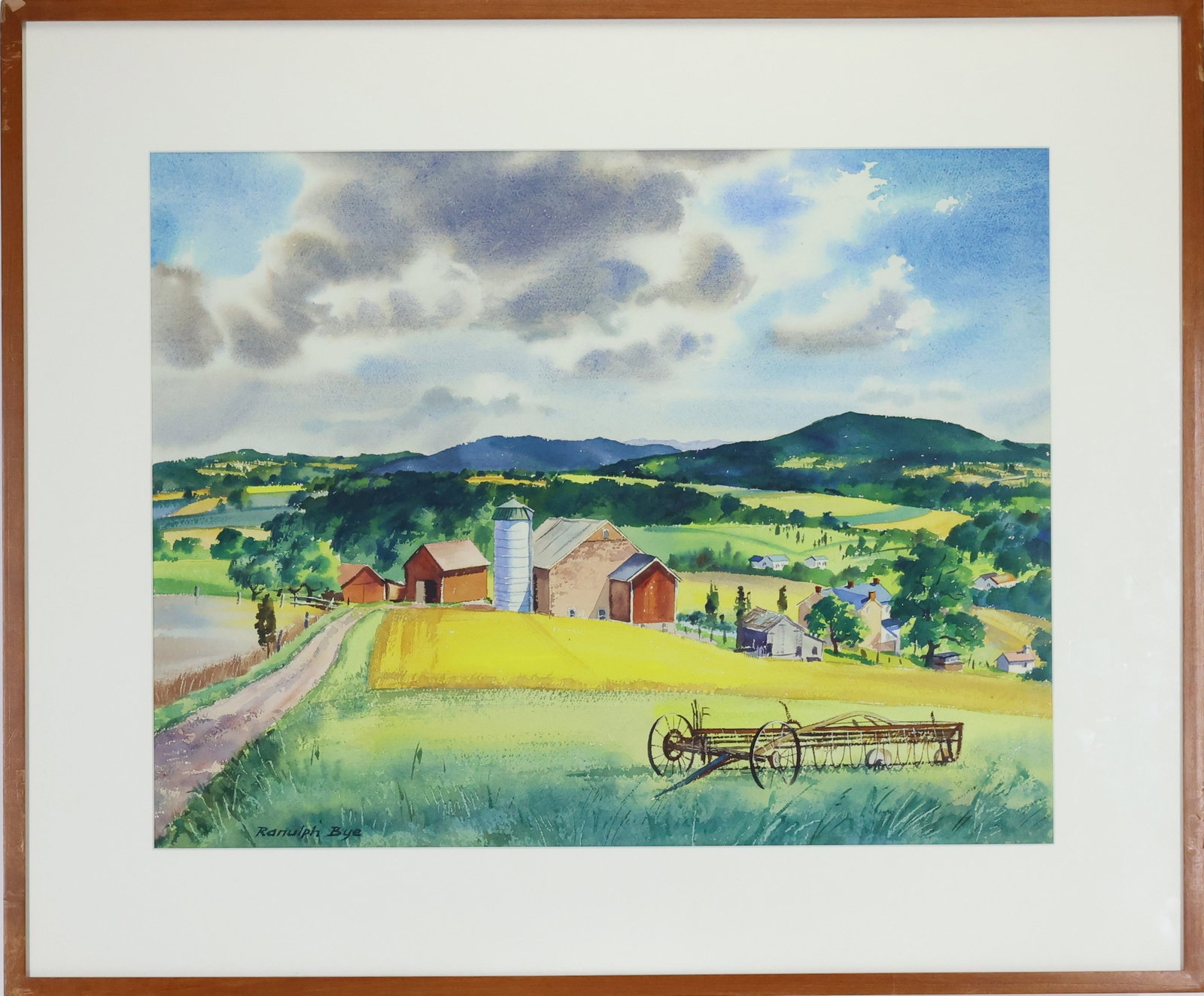 Ranulph Bye (1916-2003): Watercolor, SLL. Regionalist rural landscape with a farmstead, silo, rolling fields, and distant mountains. 17.5"h x 23"w sight and 26"h x 31"w framed.