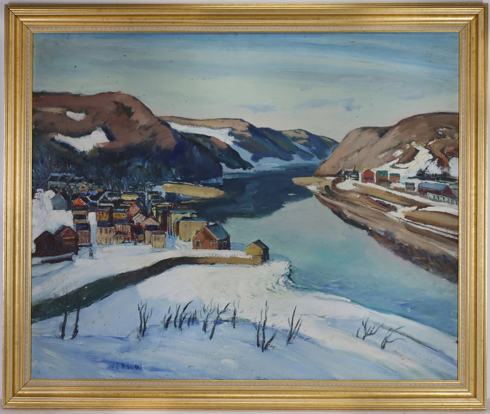 Walter Emerson Baum (1884 - 1956): Oil on canvas, SLL. Impressionist winter landscape with a snow covered village along a river. 32"h x 40"w and 36.5"h x 44.5"w framed.