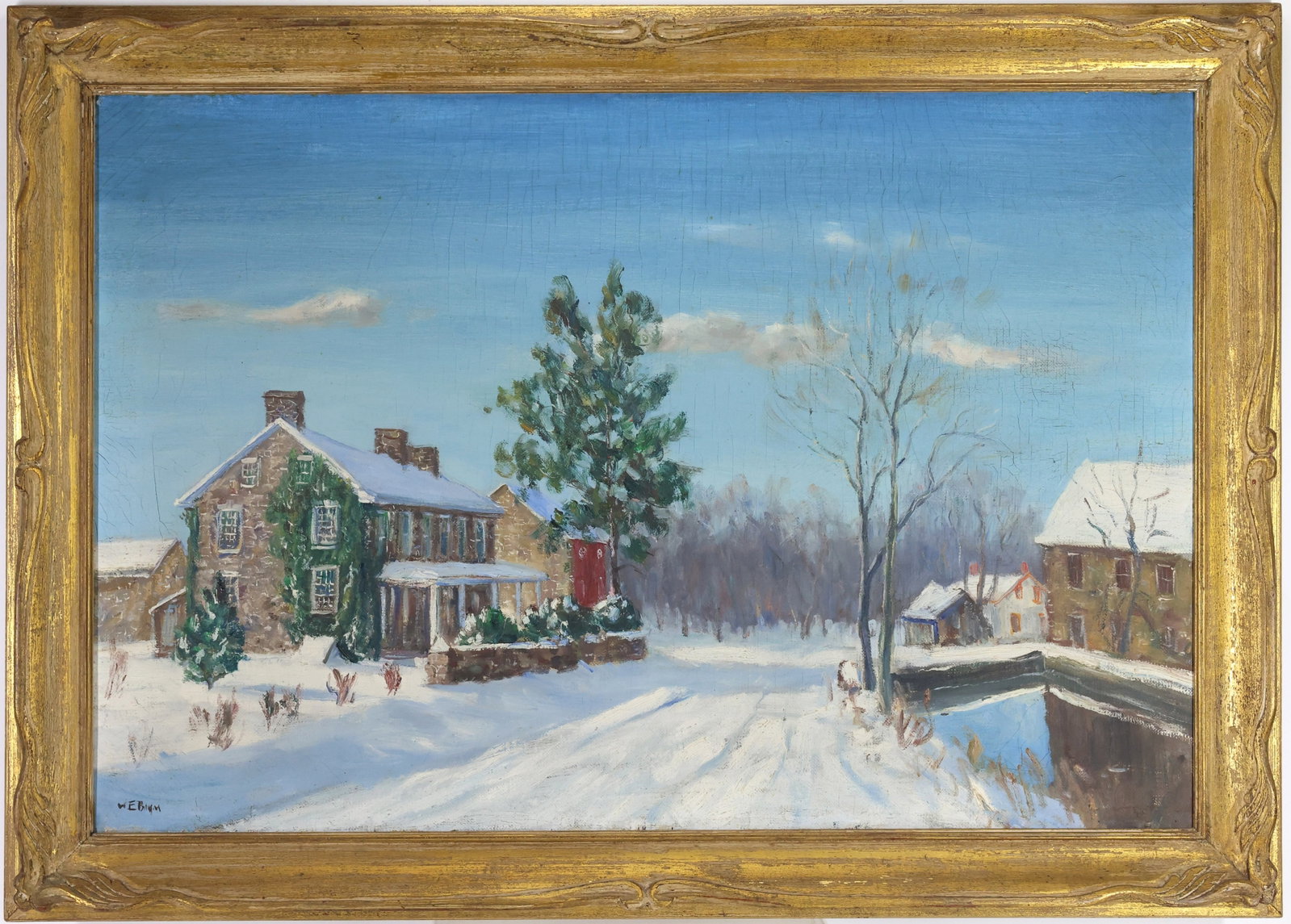 Walter Emerson Baum (1884 - 1956): Oil on canvas, SLL. Winter landscape with a stone farmhouse, canal lock, and snow covered buildings beneath a clear blue sky. 22"h x 33"w and 27"h x 38"w framed.