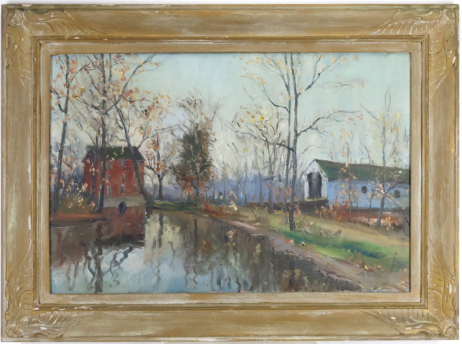 Walter Emerson Baum (1884 - 1956): Oil on canvas, SLR. Autumn landscape with a reflective mill pond, red brick mill, and white covered bridge. 19"h x 28"w and 26"h x 35"w framed.