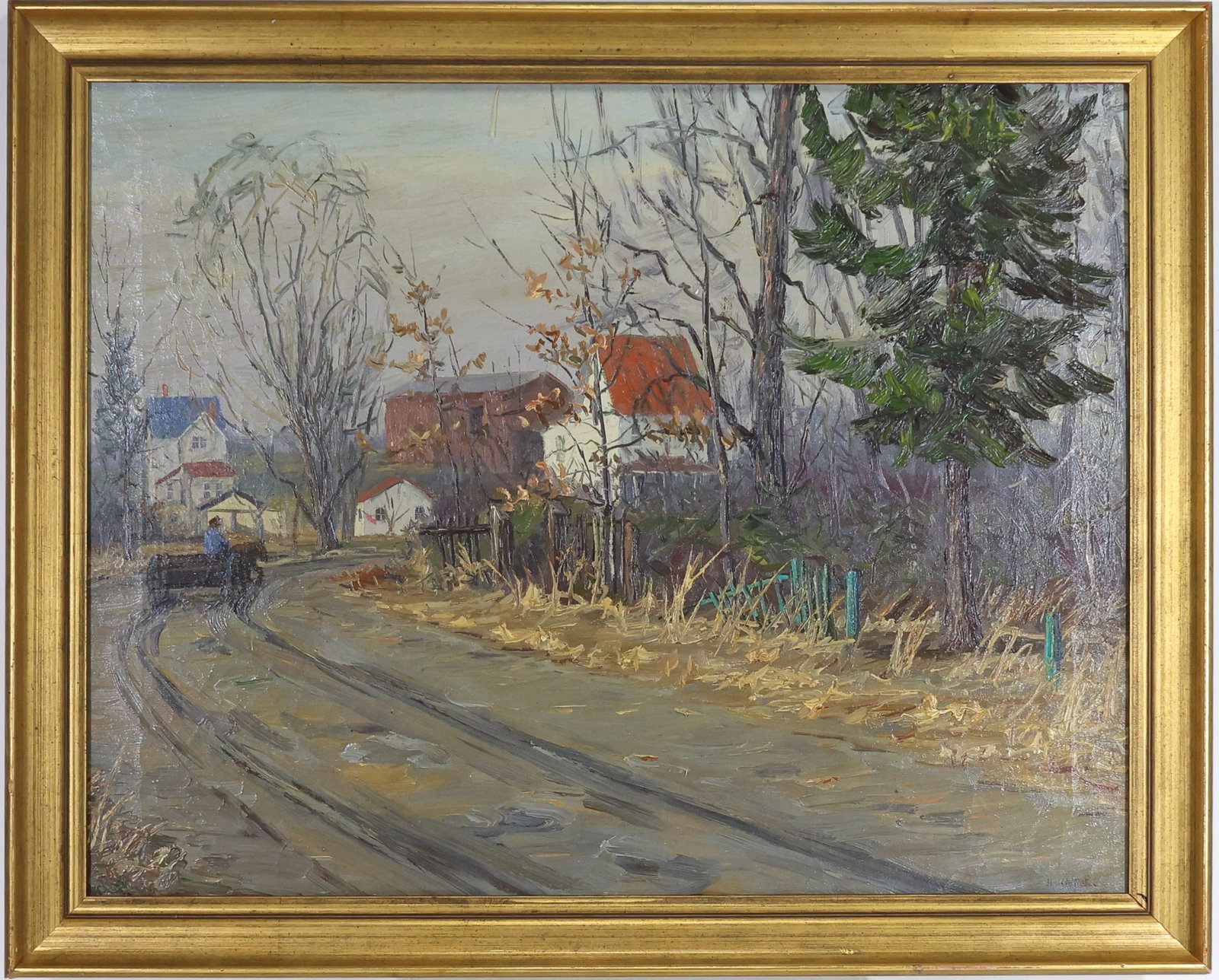 Hugh Campbell (1905-1997): Oil on board, SLC. Impressionist landscape with rolling green field, distant tree line, and cloud filled sky. 8.5" round sight and 14.5"h x 12"w framed.
