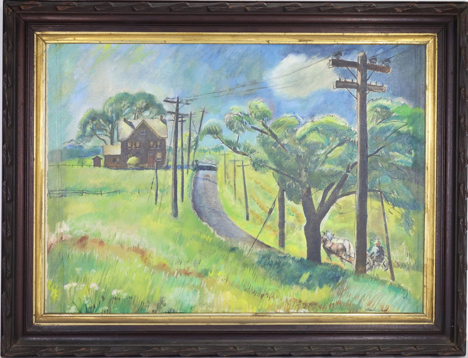 Charles William Ward (1900-1962): Oil on board, "Summer," SLL. Impressionist rural landscape with a winding country road, farmhouse, telephone poles, and a horse-drawn wagon. 21"h x 30"w and 27"h x 36"w framed.
