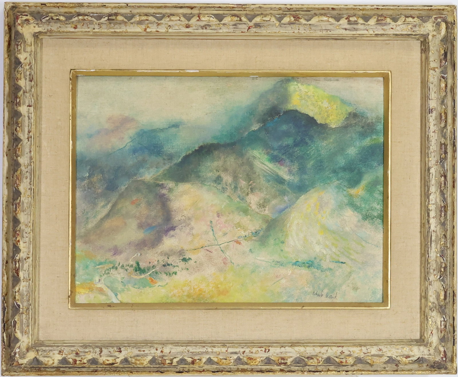Charles William Ward (1900-1962): Oil on board, SLR. Impressionist mountain landscape with rolling hills and distant peaks. 12"h x 16"w and 19"h x 23"w framed.