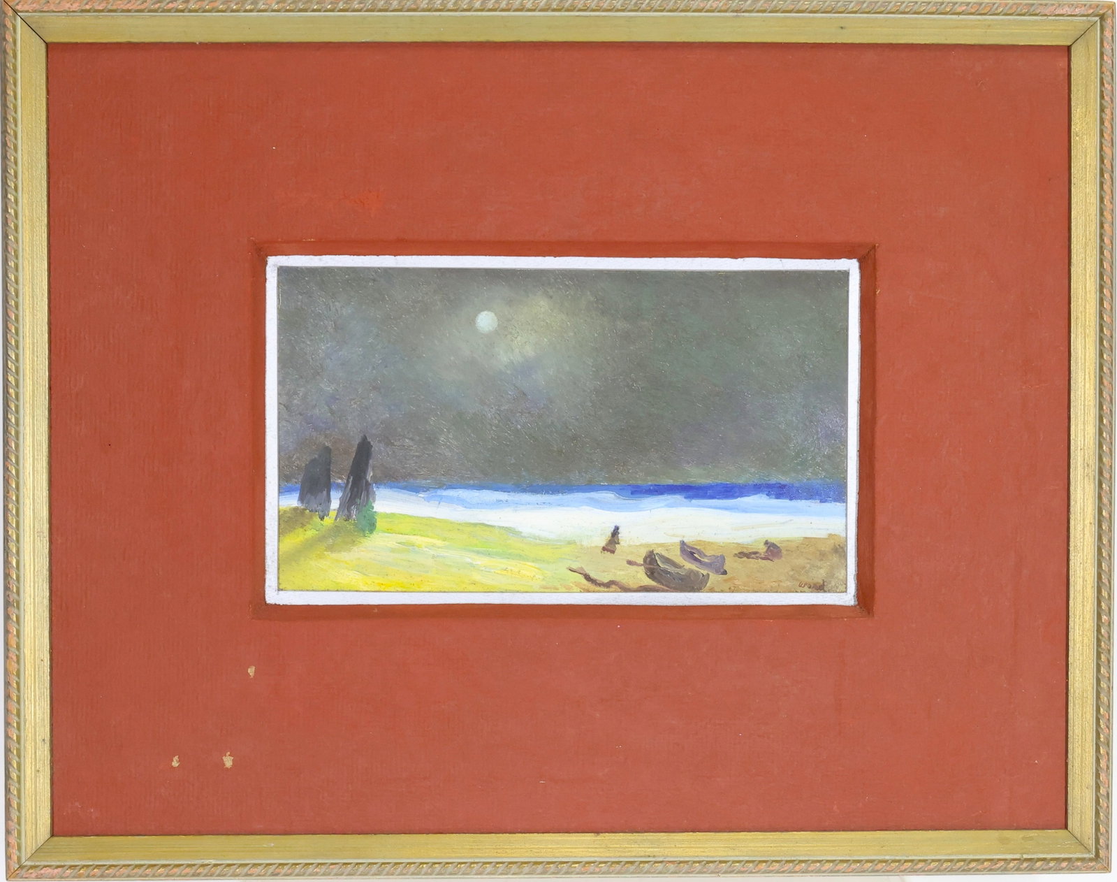 Charles William Ward (1900-1962): Oil on metal, SLR. Impressionist coastal landscape with waves breaking beneath a moonlit sky and driftwood scattered along the shore. 5.5"h x 9.75"w and 15"h x 19"w framed.