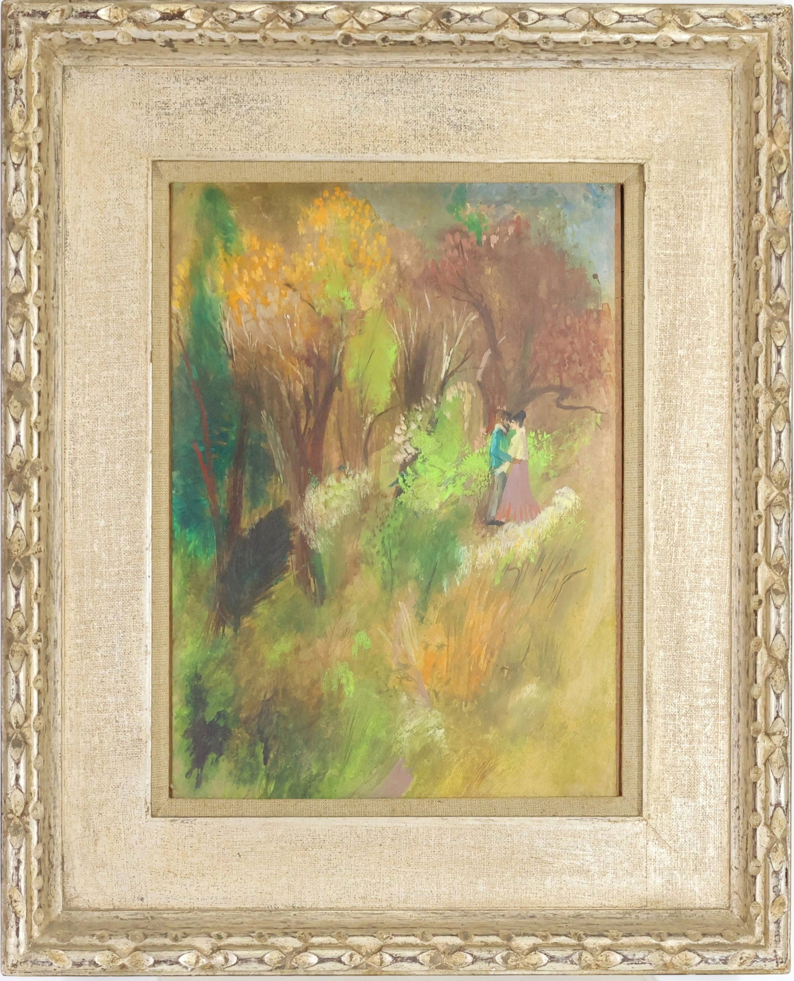 Charles William Ward (1900-1962): Oil on board. Impressionist autumn landscape with an amorous couple in a wooded setting. 14"h x 11"w and 21.25"h x 18.25"w framed.