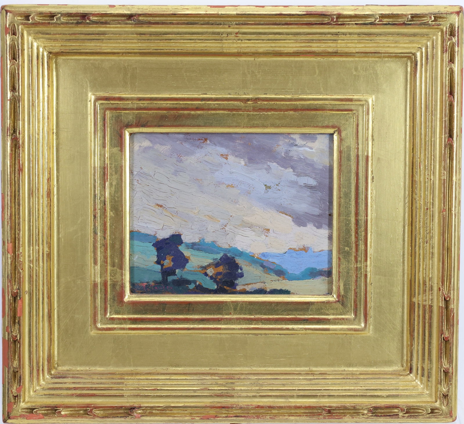 Attributed to Florence Tricker (1892-1979): Oil on canvas, "Cloud Study." Landscape with rolling hills beneath a cloud filled sky. Provenance: Gratz Gallery. 4.25"h x 5.25"w and 10"h x 11"w framed.