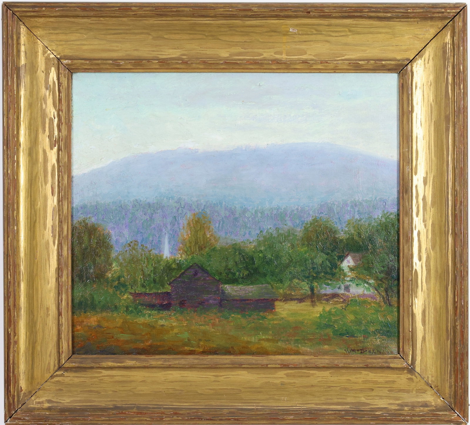 Vira Scheibner (1889-1956): Oil on canvas, SLR. Impressionist mountain landscape with rural farmstead and outbuildings in the foreground. Provenance: Artful Eye", Lambertville. 12"h x 14"w and 17.5"h x 20"w framed