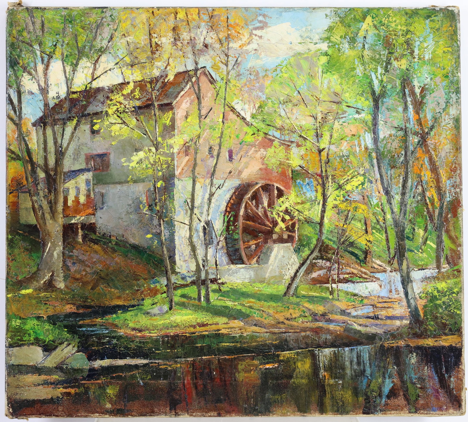 Attr. Wilmer Behler (1915-1994): Oil on canvas, "Old Mill, New Hope", unsigned by the artist. A working mill along a creek and a heavily forested landscape. Provenance: Artful Eye", Lambertville. 18"h x 20"w unframed