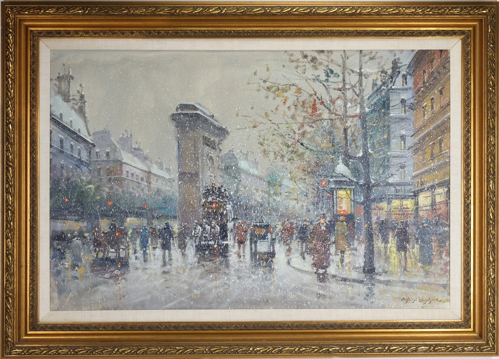 Antoine Blanchard (c. 1910-1988): Oil on canvas, SLR. Post impressionist busy Parisian street scene with falling snow. 24"h x 36"w and 32"h x 44"w framed