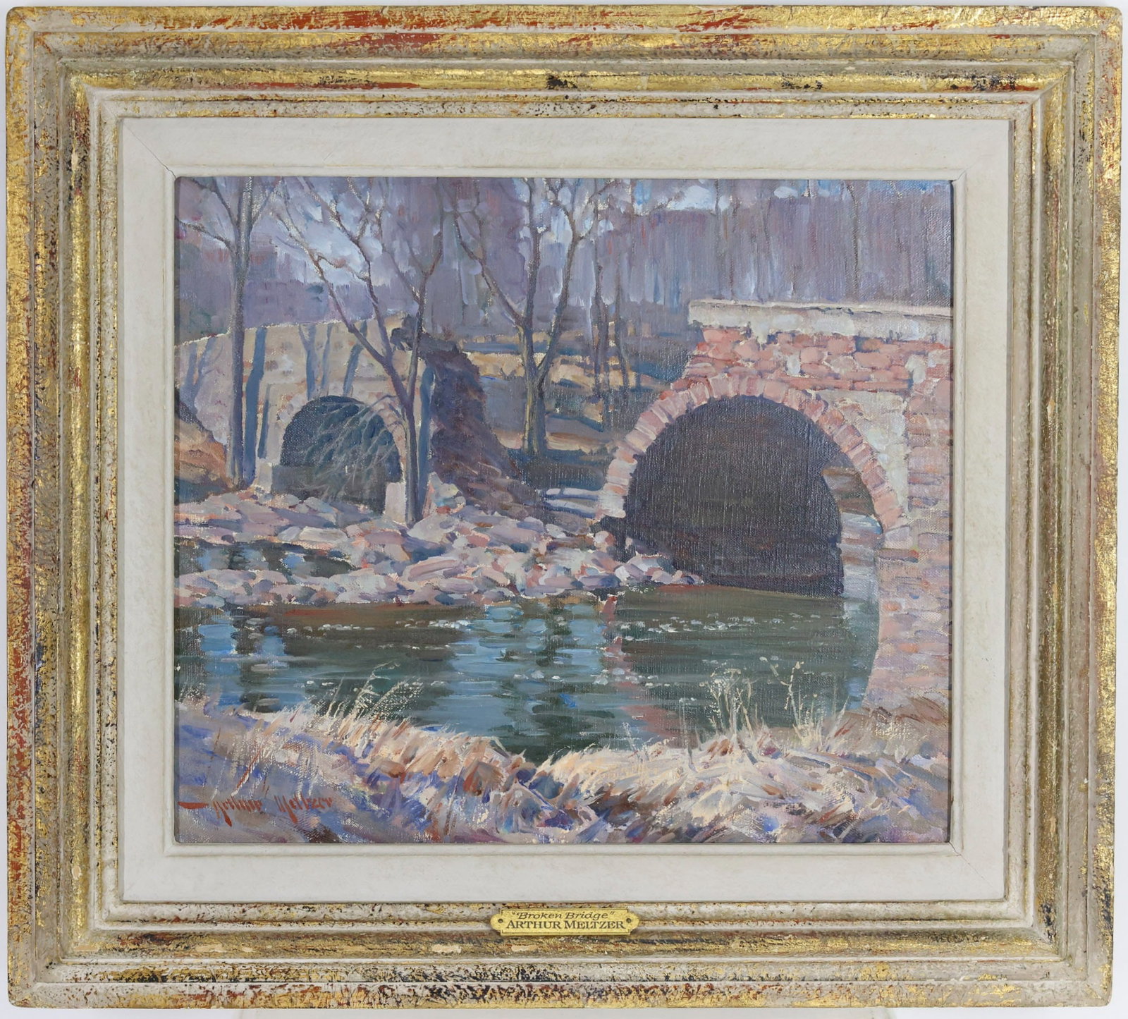 Arthur Meltzer (1893-1989): Oil on canvas "Broken Bridge", SLL. Double arched stone bridge against a woodland landscape. 12"h x 14"w and 17.5"h x 19.5"w framed