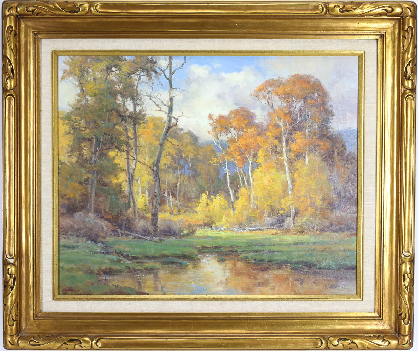 Clyde Aspevig (b. 1951): Oil on canvas, "The Aspen Grove", SLR. Autumnal forest landscape with a shallow pool of water in the foreground. 16"h x 20"w and 22.75"h x 26.75"w framed