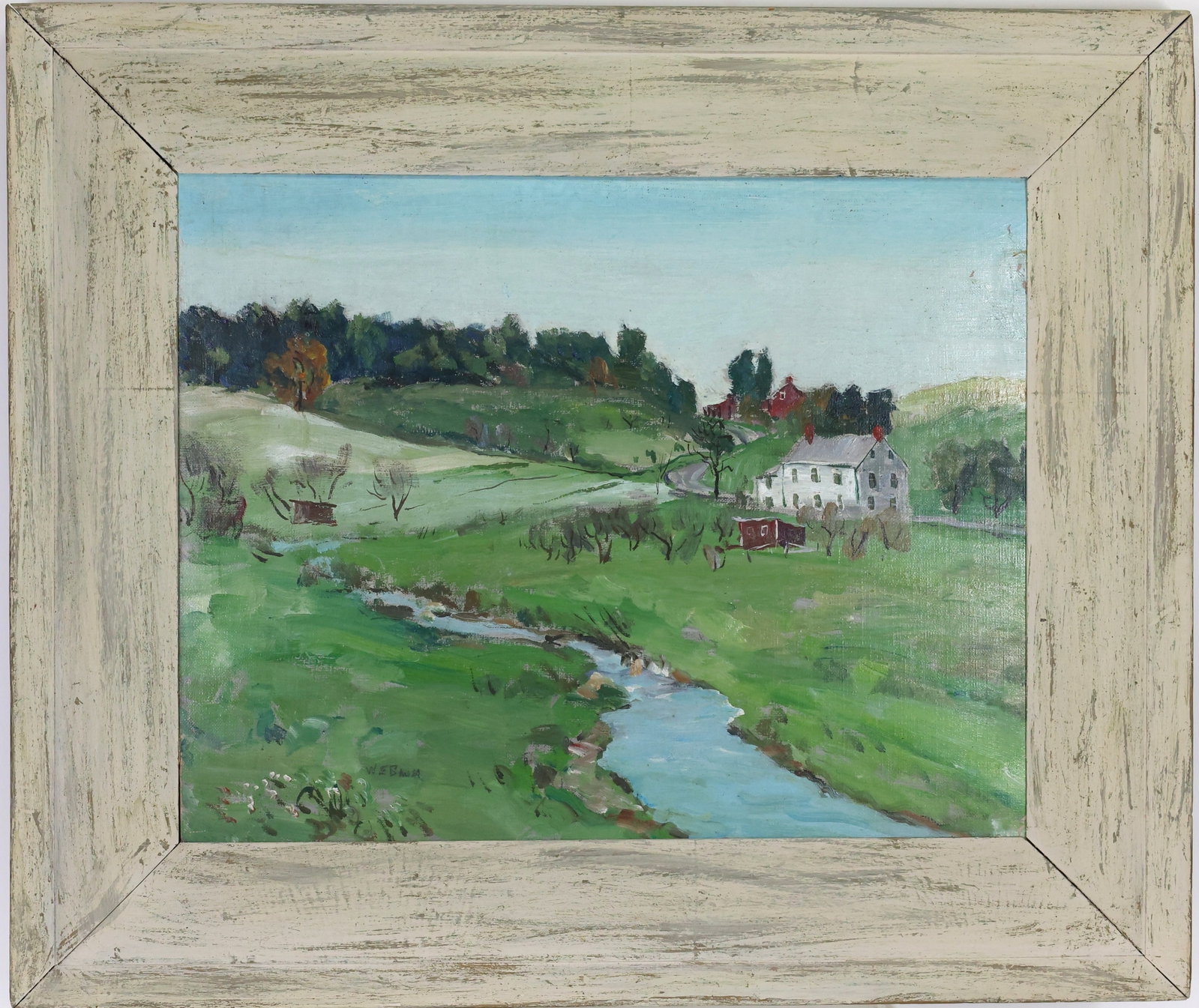 Walter Emerson Baum (1884 - 1956): Oil on board, SLL. Impressionist rural landscape with a farmhouse, rolling green fields and a winding stream. 13"h x 16"w and 19"h x 22"w framed.