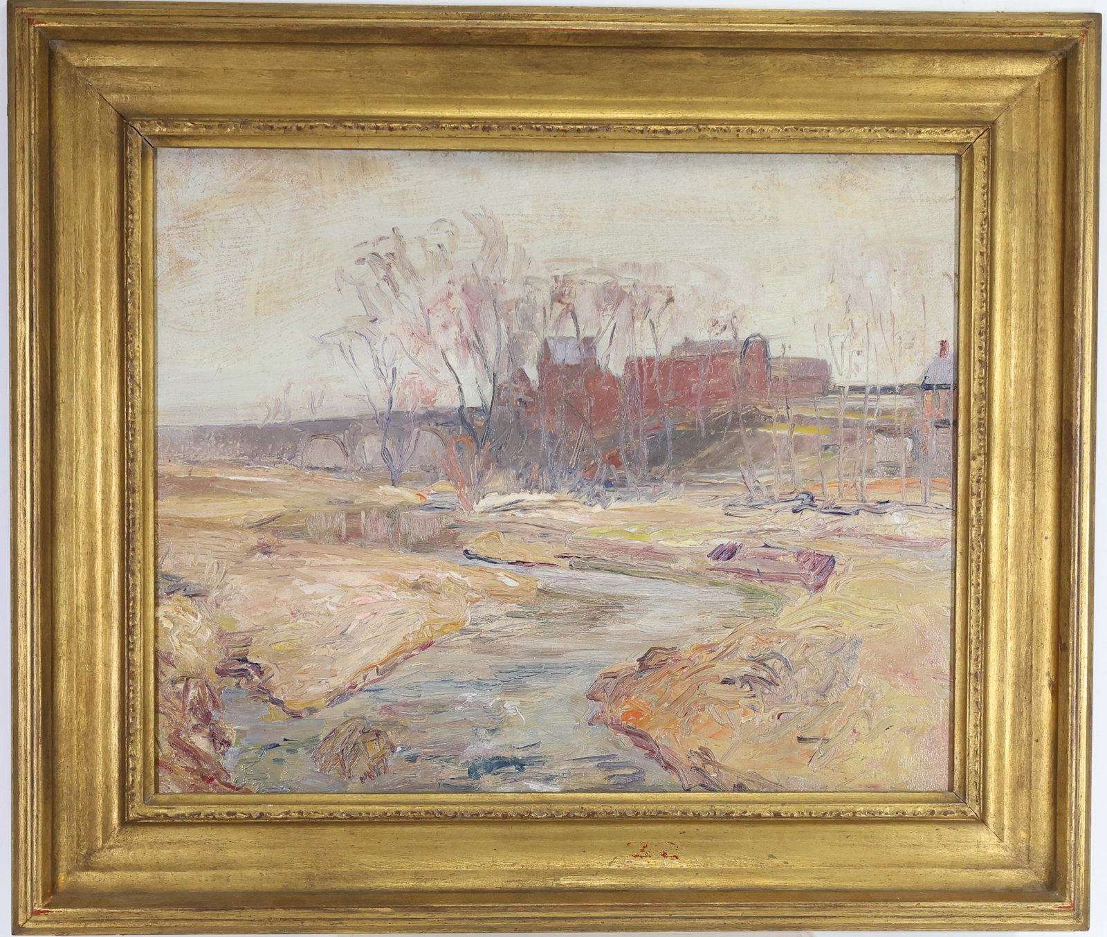 Attr. to Walter Emerson Baum (1884 - 1956): Oil on board. Impressionist winter landscape with a winding stream, bare trees, and red barns in the distance. 16"h x 20"w and 22"h x 26"w framed.
