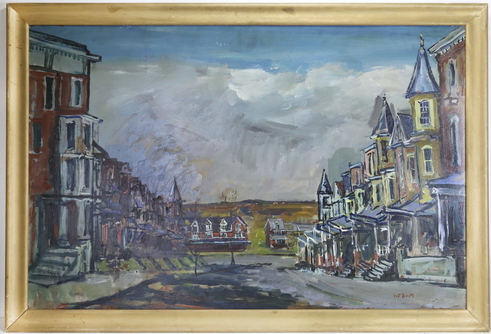 Walter Emerson Baum (1884 - 1956): Oil on board, "Houses on the Hill", SLR. Impressionist townscape with Victorian houses lining a broad street and open countryside beyond. 26"h x 40"w and 29.75"h x 43.5"w framed.