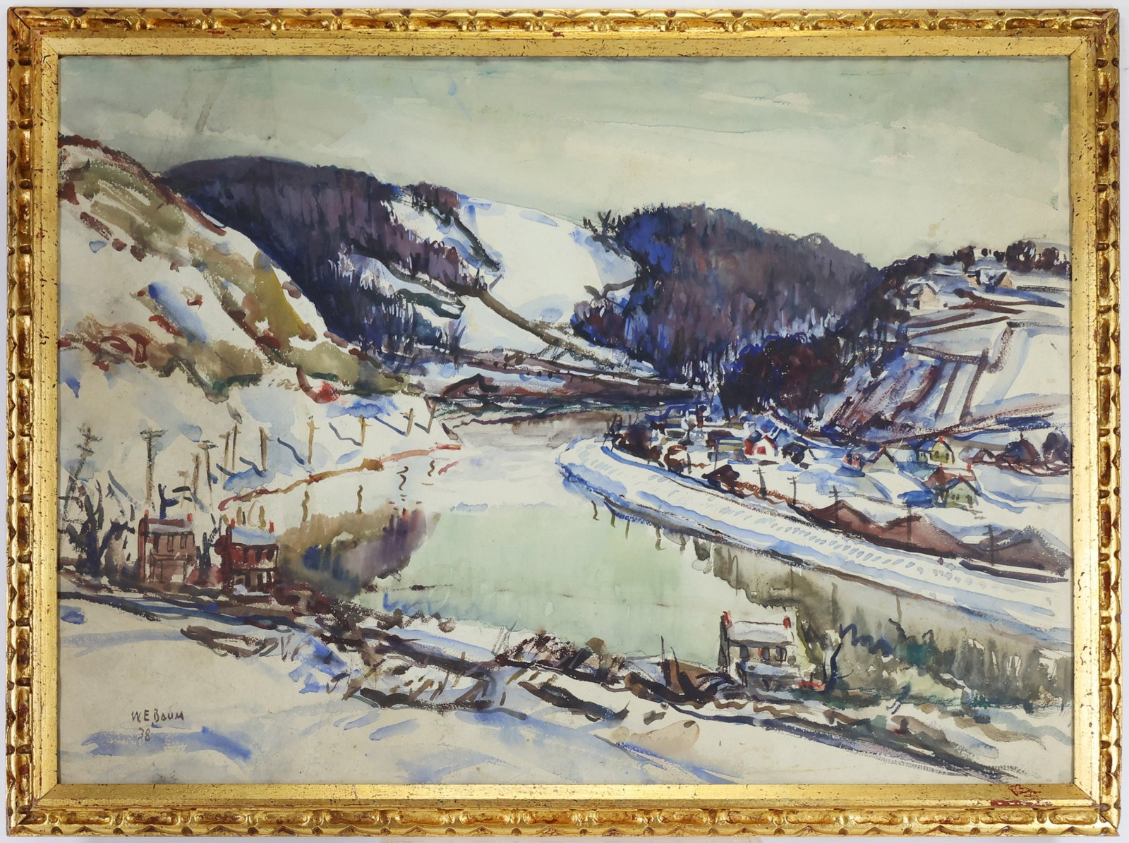 Walter Emerson Baum (1884 - 1956): Watercolor, "Winter Mauch Chunk," SDLL '38. Pennsylvania Impressionist winter landscape with a view of Mauch Chunk, present day Jim Thorpe, Pa, along the Lehigh River. 22"h x 30.5"w sight and 25.5"h x