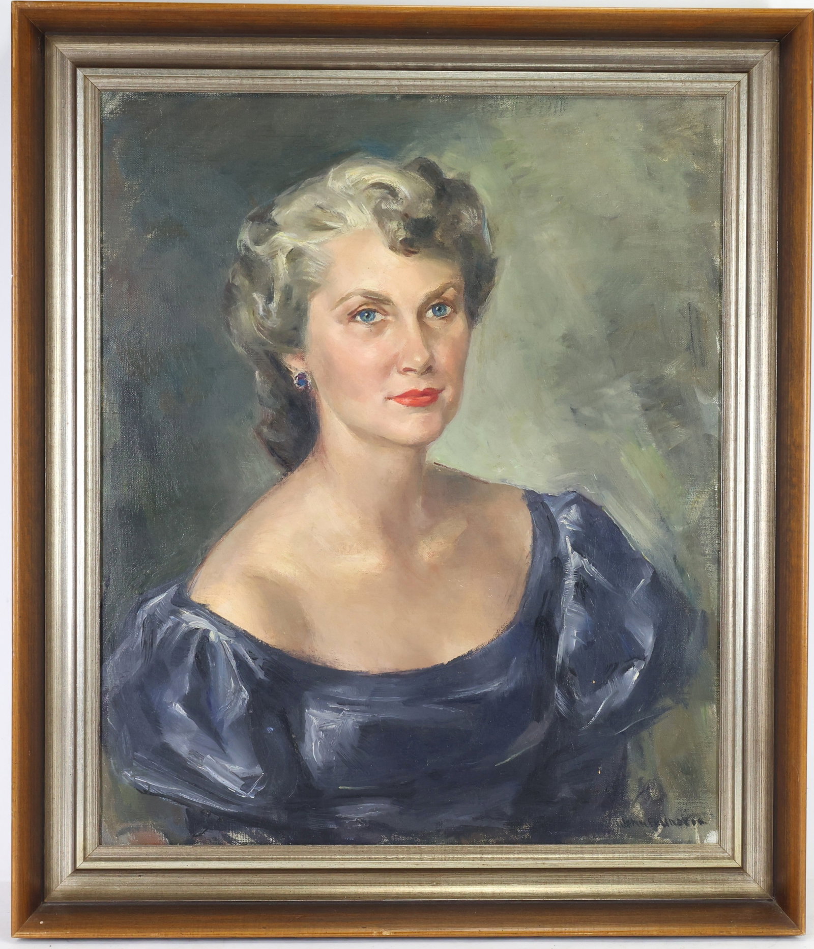 John Fulton Folinsbee (1892 - 1972): Oil on canvas, SLR. Portrait of an elegantly dressed woman wearing a dark blue dress. 24"h x 20"w and 29.5"h x 35.5"w framed.