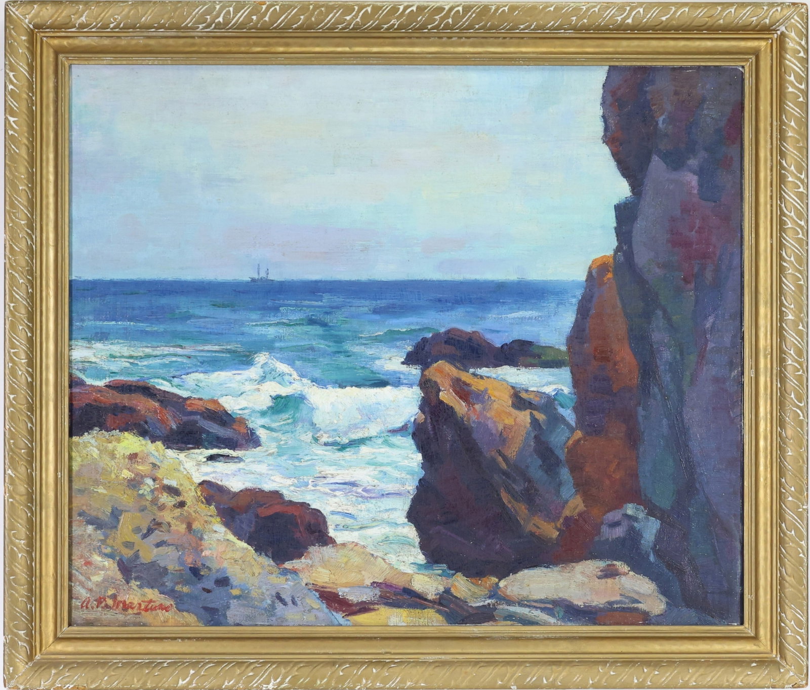 Antonio Martino (1902 - 1988): Oil on canvas, "Bass Rocks," SLR. Impressionist coastal landscape with cresting waves and a distant ship on the horizon. 20"h x 24"w and 23.5"h x 27.5"w framed.