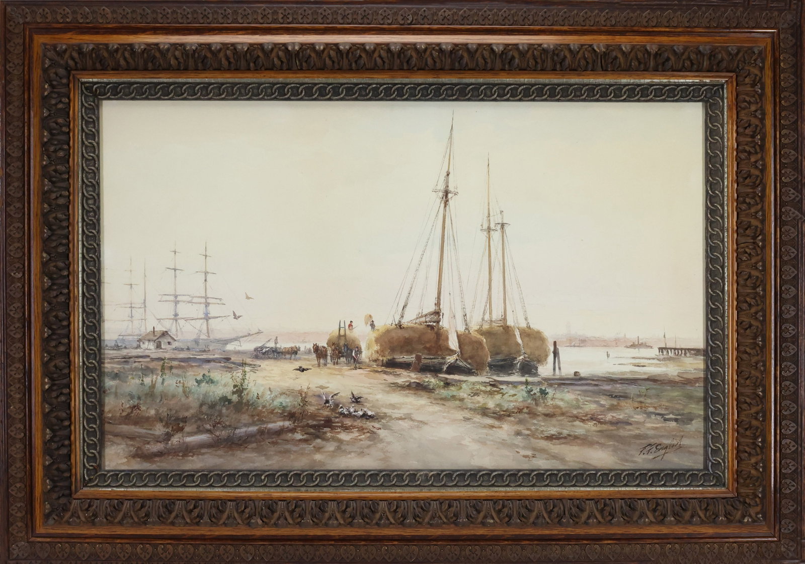 Frank F English (1854-1922): Watercolor and gouache, "Hay Boats," SLR. Impressionist harbor scene with hay laden boats moored along a quiet waterfront. Sight: 16.5"h x 27"w