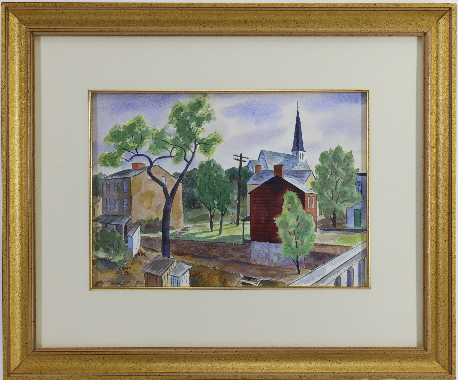 Richard Crist (1909 - 1985): Watercolor, "New Hope," SDLR. Regionalist view of New Hope with residential buildings, a church steeple, and a pedestrian along a quiet street. 10"h x 14"w, framed 18.5"h x 22"w.