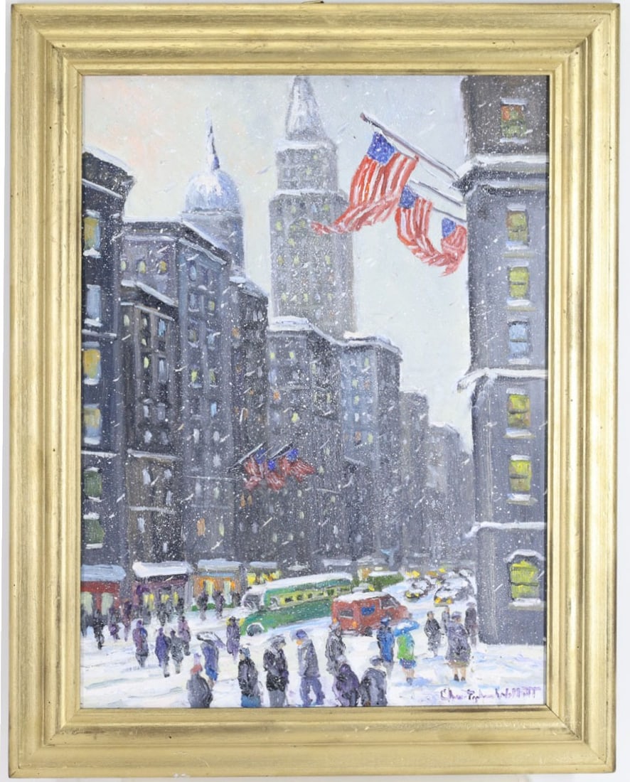 Christopher G. Willett (Born 1959): Oil on board, "Broadway, Rush Hour, New York City," SLR. Impressionist winter cityscape with pedestrians, automobiles, and American flags lining a snow swept Broadway. 18"h x 13.5"w and 21.75"h x 17"w