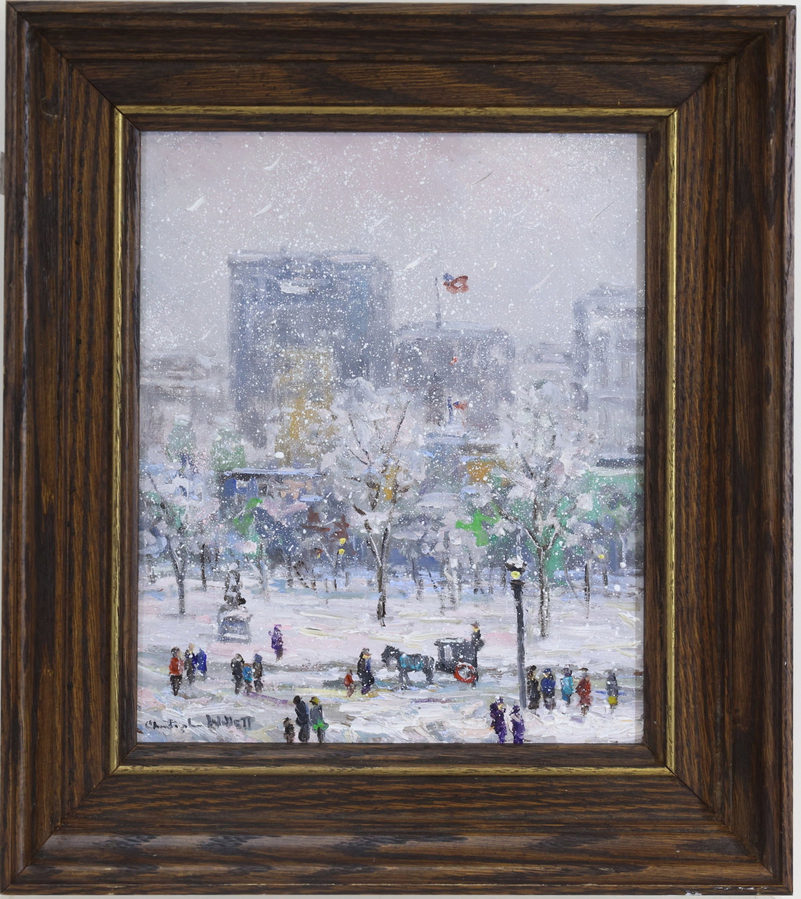 Christopher G. Willett (Born 1959): Oil on board, "Fiew(sic) of Fifth Av from Central Park, New York City." Winter cityscape with pedestrians crossing a snow covered Central Park and the NYC skyline in the distance. 10"h x 8"w and 13.5"