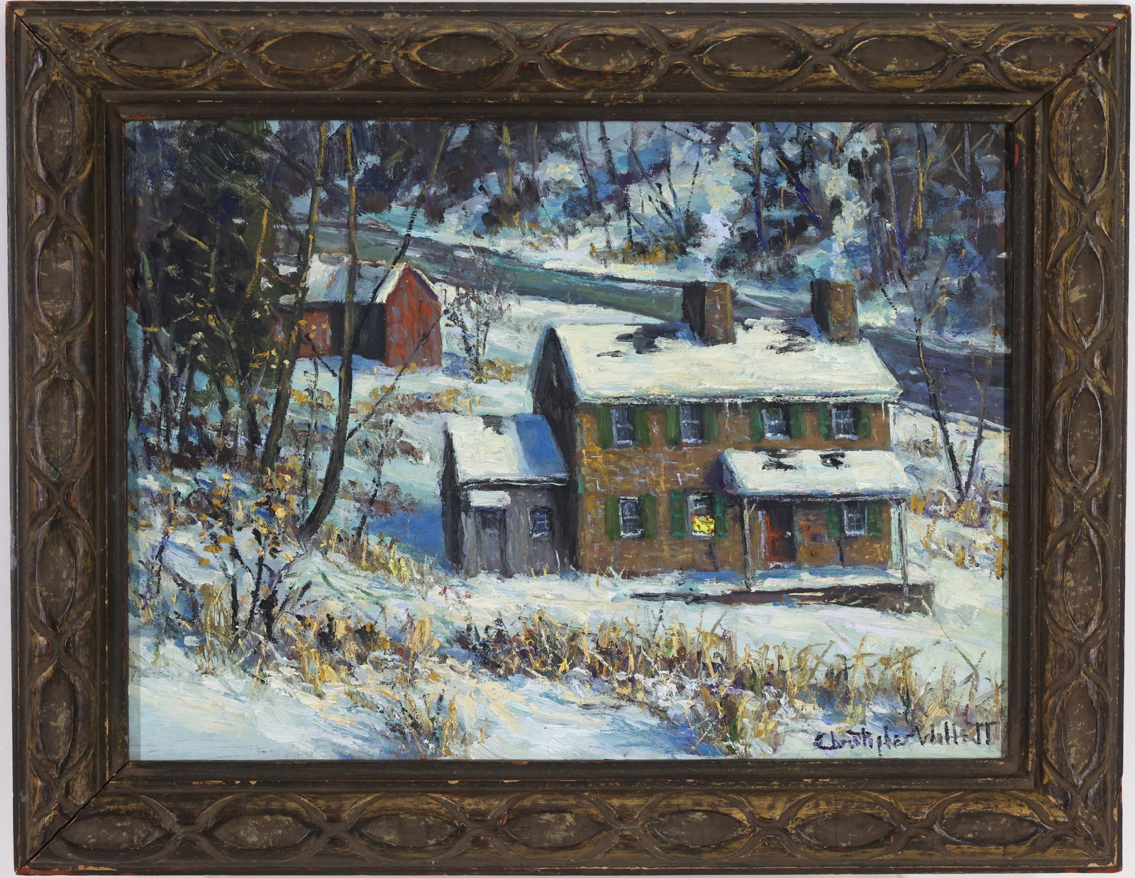 Christopher G. Willett (Born 1959): Oil on board, "Bucks County Winter, Tinicum," SLR. Impressionist winter landscape with a snow covered farmhouse, outbuildings, and countryside. 11"h x 15"w and 14"h x 18"w framed.