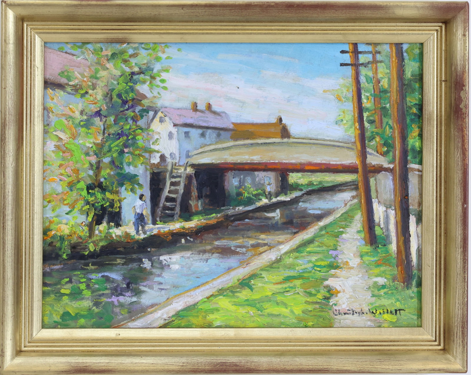 Christopher G. Willett (Born 1959): Oil on board, "Morning, New Hope, New Hope, Pa., Bucks County, Pa." Impressionist canal scene with a stone bridge, towpath, and buildings along the Delaware Canal. 10"h x 12"w and 11"h x 15.75"w