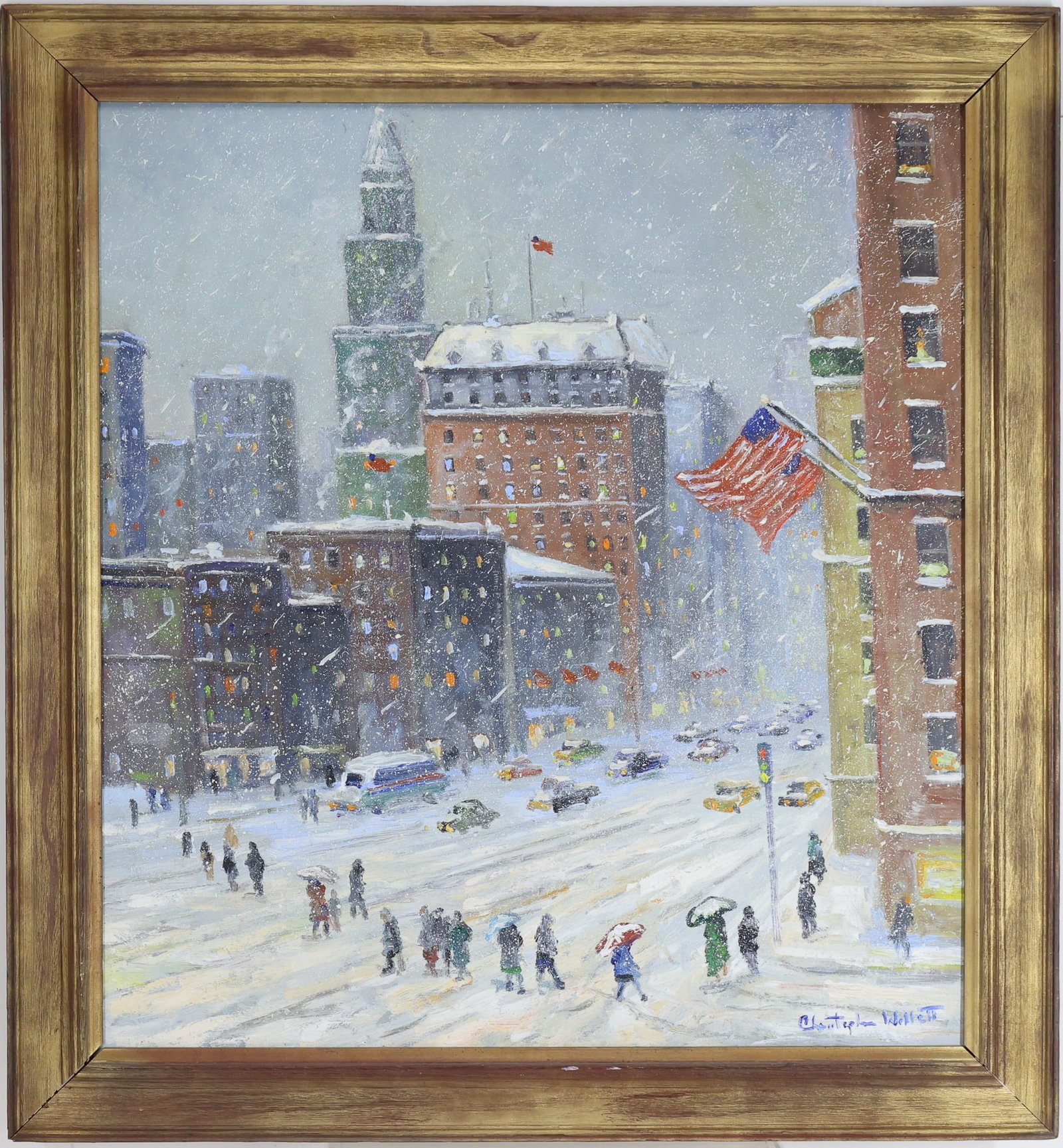 Christopher G. Willett (Born 1959): Oil on board, "Midtown Manhattan, New York City." Impressionist winter cityscape with pedestrians crossing an intersection beneath American flags, with the skyscrapers rising in the distance. 24.5"h