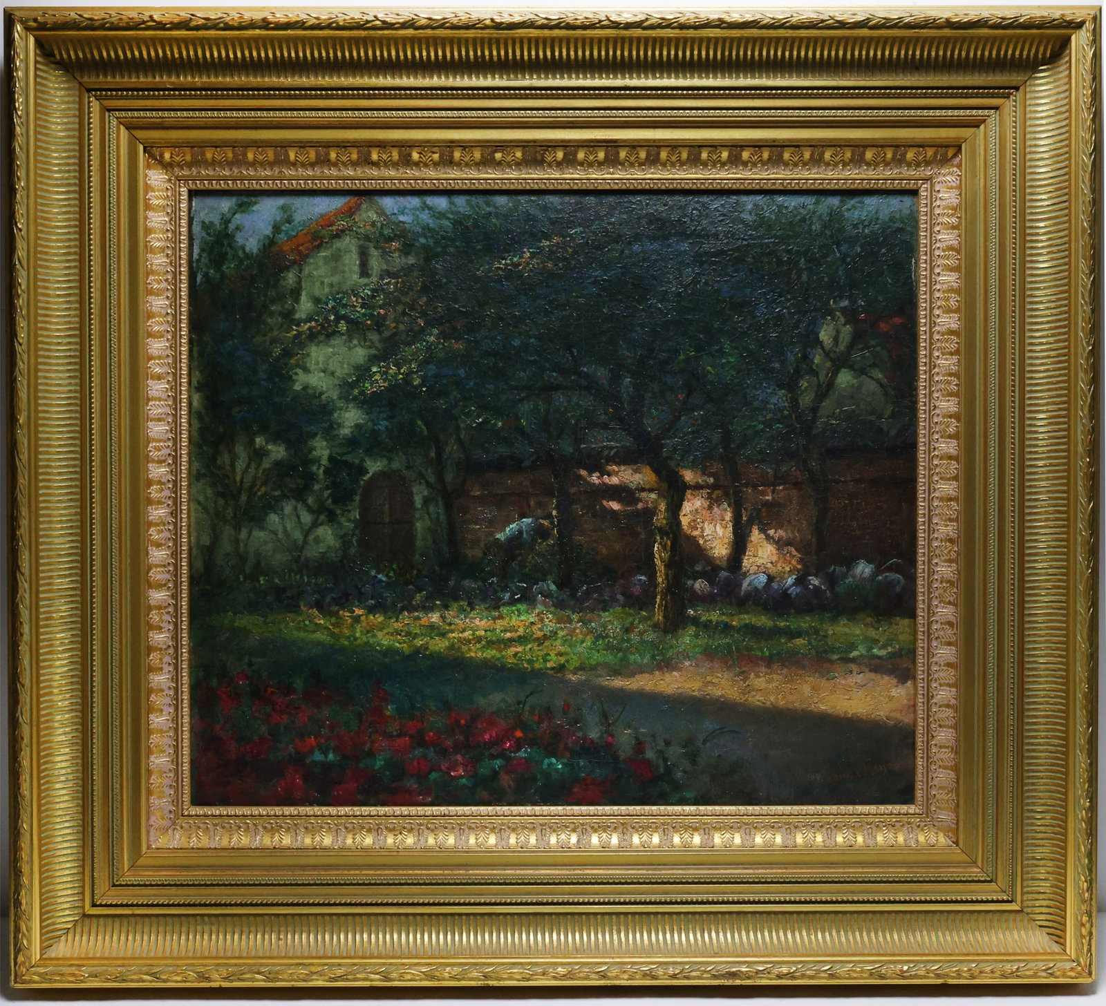 Emile Meyer (1823 - 1910): Oil on canvas, SLR. Impressionist garden landscape with a vine covered stone building, flower beds, and trees. Relined. 19.75"h x 32"w and 29.5"h x 33"w framed.