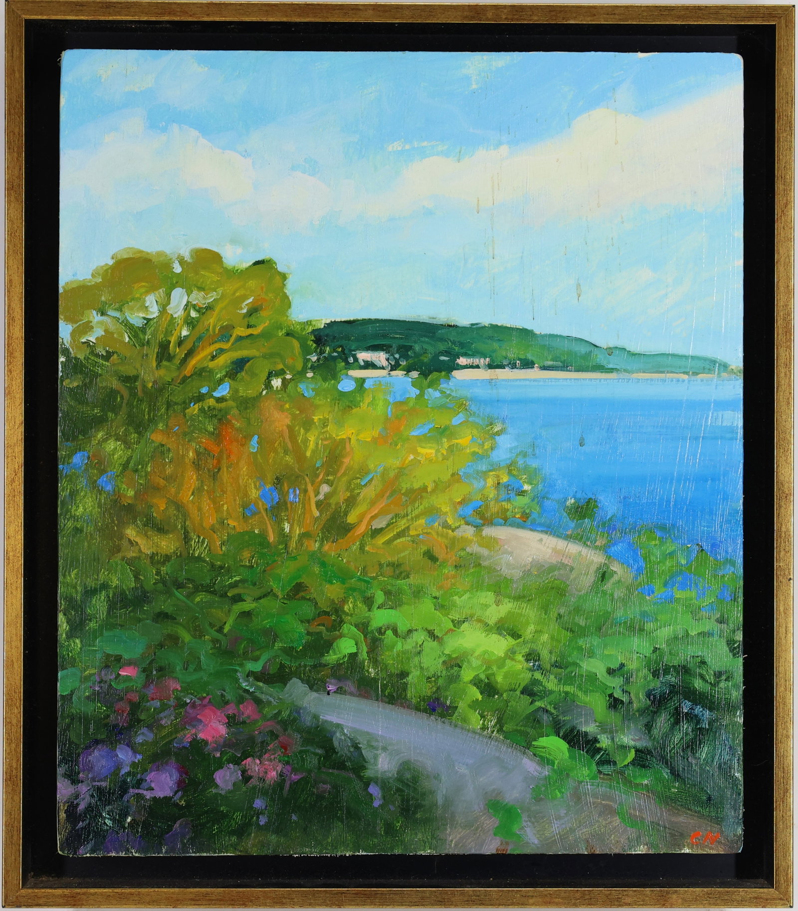 Chris Nissen (Born 1949): Oil on board, "By the Water," ILR and signed en verso. Impressionist coastal landscape with lush vegetation overlooking the water. 14"h x 12"w and 15.75"h x 13.75"w framed.