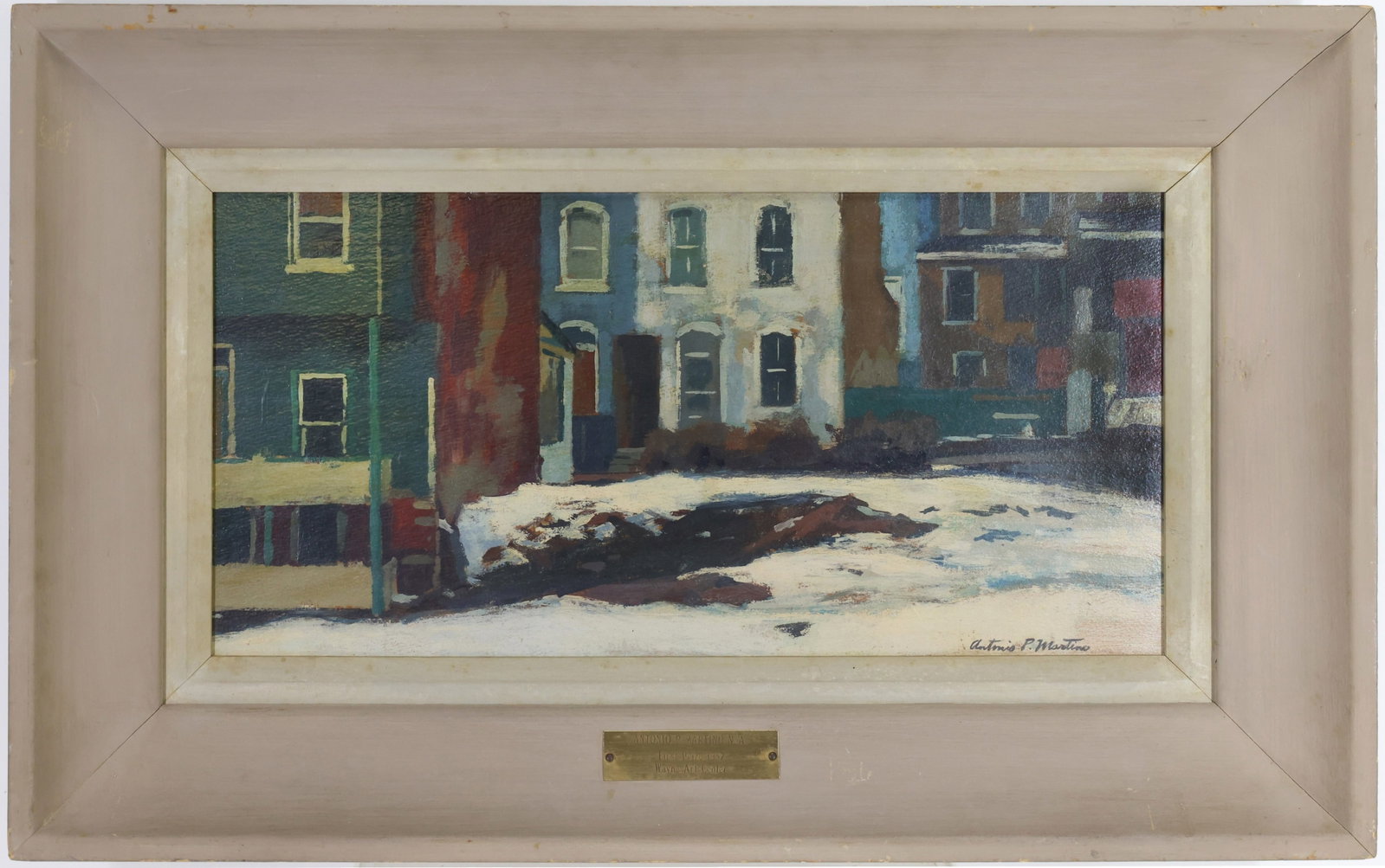 Antonio Martino (1902 - 1988): Oil on board, SLR. Impressionist urban landscape with snow covered streets and townhouses. First Prize, 1957, Wayne Art Center. 12"h x 22"w and 16.5"h x 26.5"w framed.