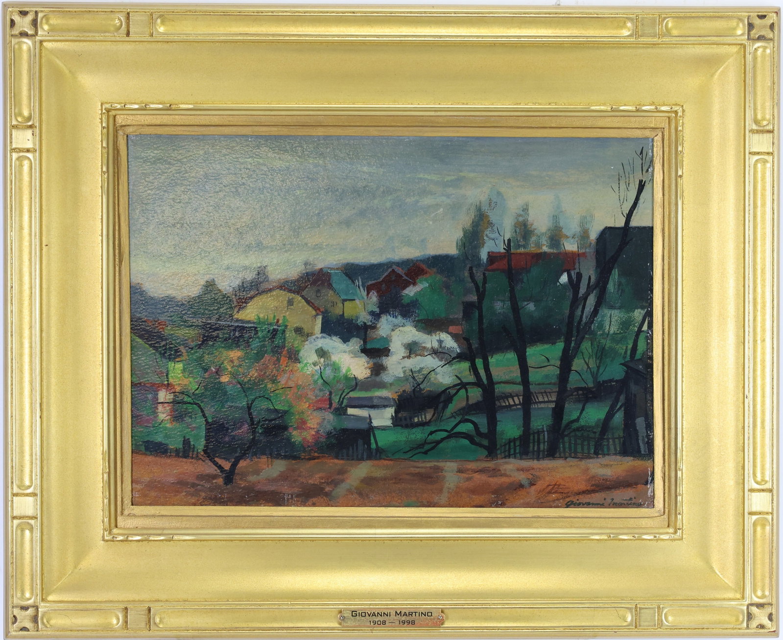 Giovanni Martino (1908 - 1997): Oil on board, SLR. Impressionist landscape with a hillside village, flowering trees, and early spring foliage. 11.5"h x 16"w and 18"h x 22"w framed.