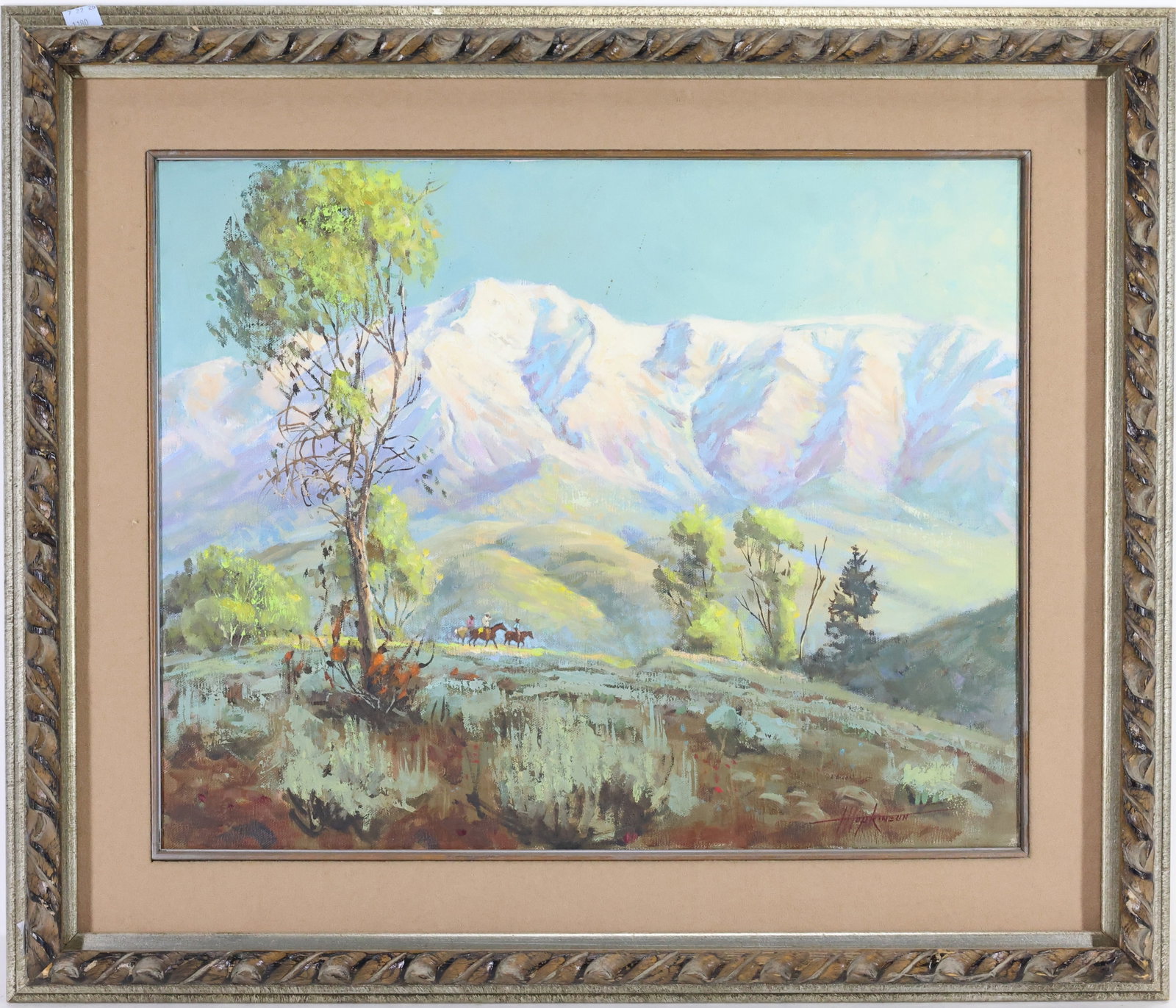 Harold Hopkinson (1918-2000): Oil on canvas, "Mt. Ben Lomand, 1978", SLR. Artist's inventory stamp en verso, #1301. Mountain landscape. 16"h x 20"w and 22.75"h x 26.75"w framed