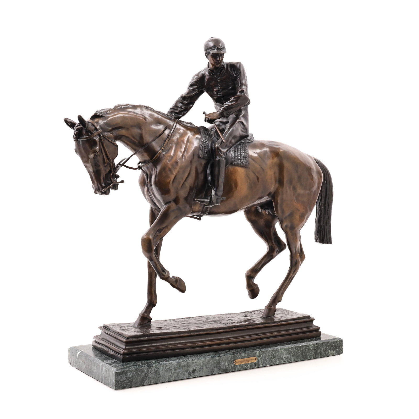 After Isidore Jules Bonheur (1827 - 1901): Bronze sculpture, "Le Grand Jockey", depicting a jockey on horseback, impressed signature to the base, mounted to a stone stand. 24.5"x 8"w x 23"d overall